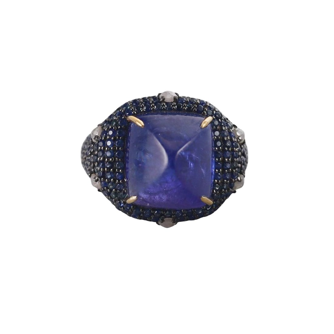 14k Gold Silver 12.47ct Tanzanite Sapphire Diamond Cocktail Ring: Metal : 14k Gold / Sterling Silver Designer : Not Signed Gemstone : Tanzanite 12.47ct, Sapphires 2.37ctw, Diamonds. Measurements : Ring size 6.75, top is 15mm x 20mm. Marked: : Tested 14k / silver.