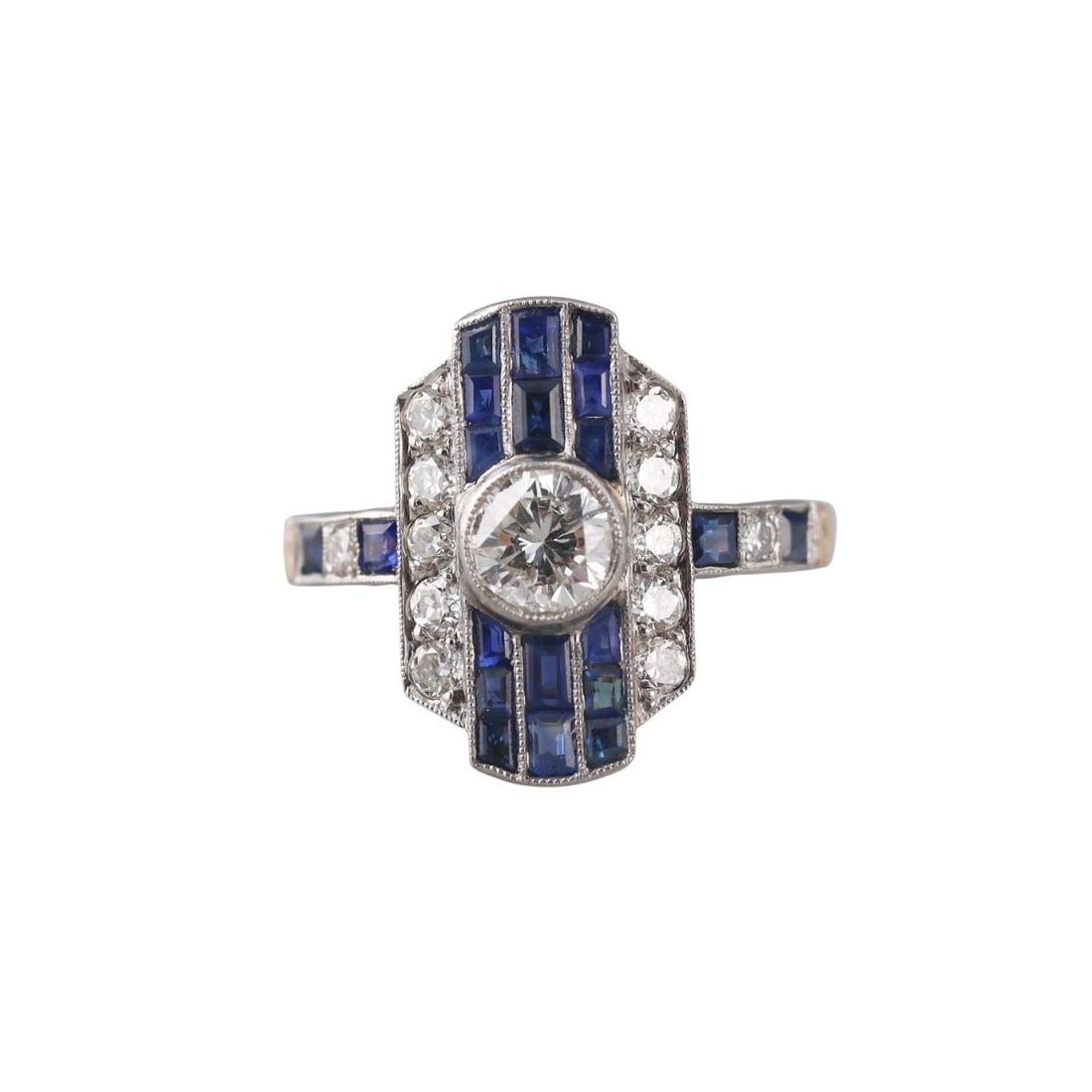 18k Gold Platinum Diamond Sapphire Ring: Metal : 18k Gold / Platinum Designer : Not Signed Gemstone : Center diamond approx. 0.60ct SI2-I1/I, Side diamonds approx. 0.40ctw, Sapphires. Measurements : Ring size 6.5, top is 18mm x 12mm.