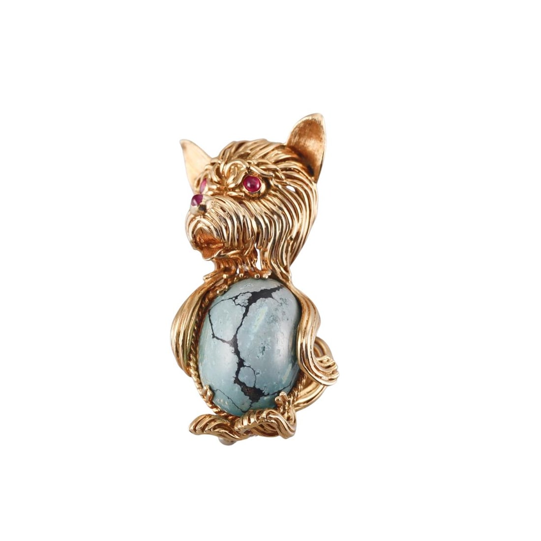 1960s 18k Gold Ruby Yorkie Dog Brooch Pin: Metal : 18k Yellow Gold Designer : Not Signed Gemstone : Hardstone, Ruby Measurements : Brooch is 43mm x 22mm. Marked: : Tested 18k. Weight: : 17.6 grams Condition: : Excellent. Additional: n/a