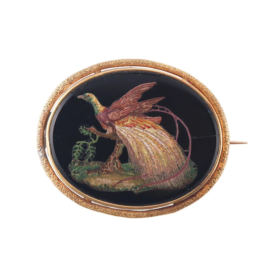 Antique 18k Gold Micro Mosaic Peacock Brooch Pin: Metal : 18k Yellow Gold Designer : Not Signed Gemstone : Micro mosaic over black hardstone (with several fractures) Measurements : Brooch is 50mm x 42mm. Marked: : Tested 18k.