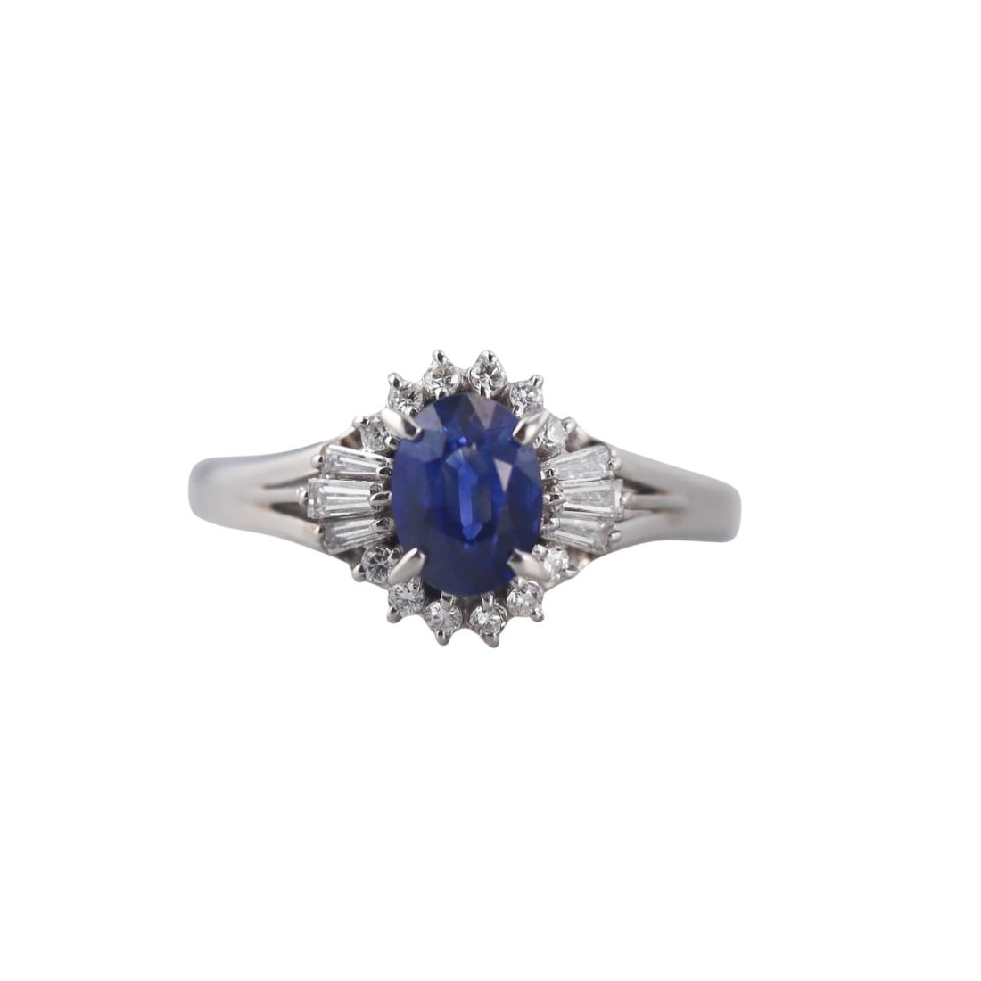 Platinum Sapphire Diamond Ring: Metal : Platinum Designer : Not Signed Gemstone : Diamonds 0.21ctw, Sapphire 1.08ct. Measurements : Ring size 6, top is 10 x 11mm. Marked: : D0.21, 1.08, Pt900. Weight: <