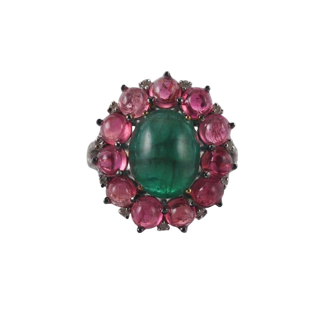 14k Gold Silver 5.51ct Emerald 4.40ctw Pink Tourmaline Cocktail Ring: Metal : 14k Gold / Sterling Silver Designer : Not Signed Gemstone : Natural emerald 5.51ct, Pink tourmalines 4.40ctw, Diamonds. Measurements : Ring size 7, top is 22mm x 20mm. Marked: