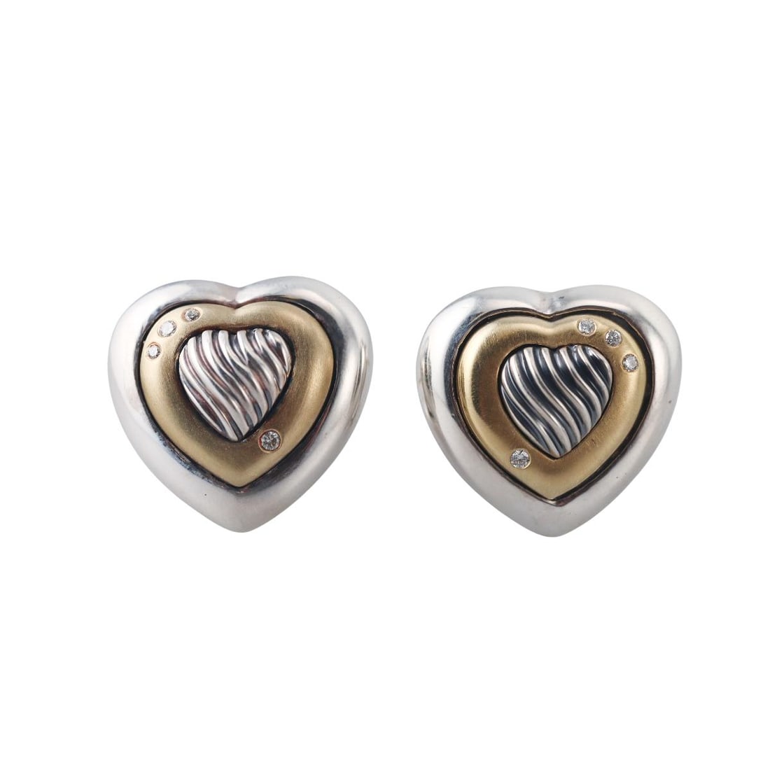 David Yurman 18K Gold Sterling Diamond Cable Heart Earrings: Metal : 18K Yellow Gold, Sterling Silver Designer : David Yurman Gemstone : Diamonds Measurements : Earrings are 21mm x 20mm Marked: : D.Yurman, 925, 750 Weight: : 14.3 g