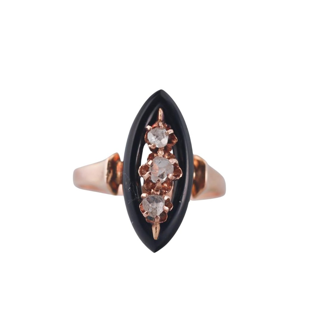 Antique Victorian 18k Rose Gold Diamond Onyx Navette Ring: Metal : 18k Rose Gold Designer : Not Signed Gemstone : Rose cut diamonds, Onyx. Measurements : Ring size 6, top is 18mm x 8mm. Marked: : Tested 18k. Weight: : 2.4 gram