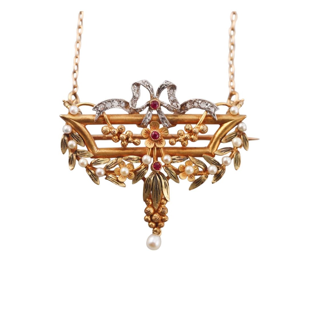 Antique 18k Gold Platinum Diamond Seed Pearl Ruby Pendant Brooch Necklace: Metal : 18k Gold / Platinum Designer : Not Signed Gemstone : Diamonds, Seed pearls, Ruby Measurements : Necklace is 22" long, pendant/brooch is 36mm x 33mm. Detachable from the chain. Mark