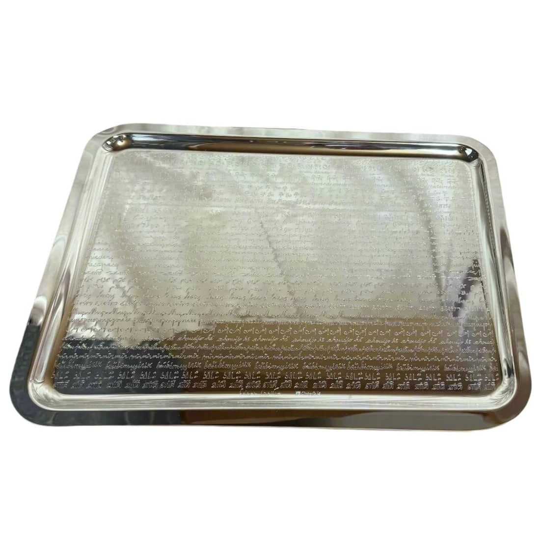 Christofle Paix Peace Graffiti Silver Plated Tray 4200419: Material : Silver Plated Designer : Christofle Measurements : 16.5" x 12.5". Marked: : Christofle. Condition: : New/Store Sample. One small dent on one corner. Additional: I