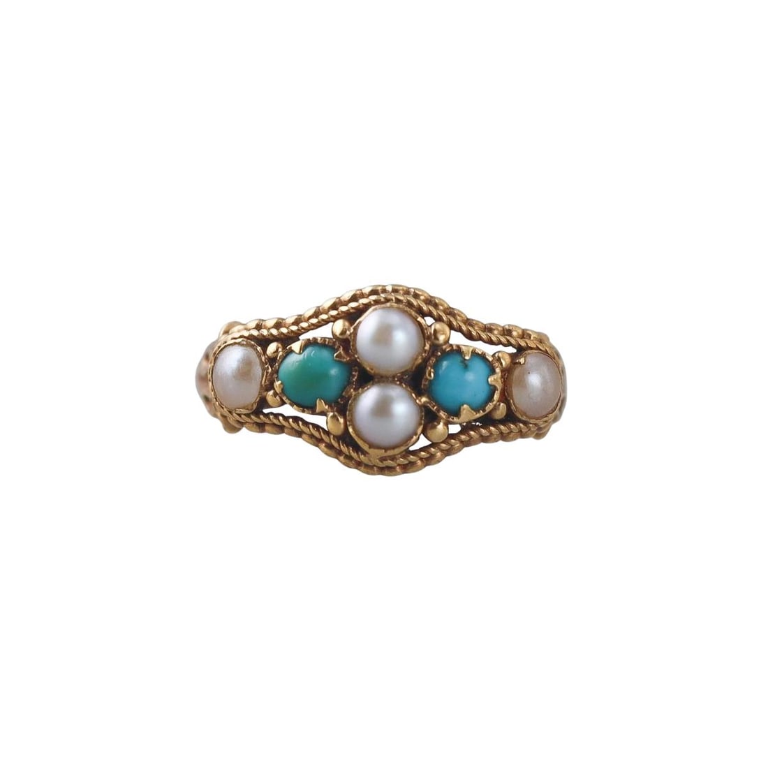 Antique 18k Gold Pearl Turquoise Ring: Metal : 18k Yellow Gold Designer : Not Signed Gemstone : Pearl, Turquoise Measurements : Ring size 3.75, shank slightly bent. Width of the top - 8.5mm. Marked: : Tested 18k.