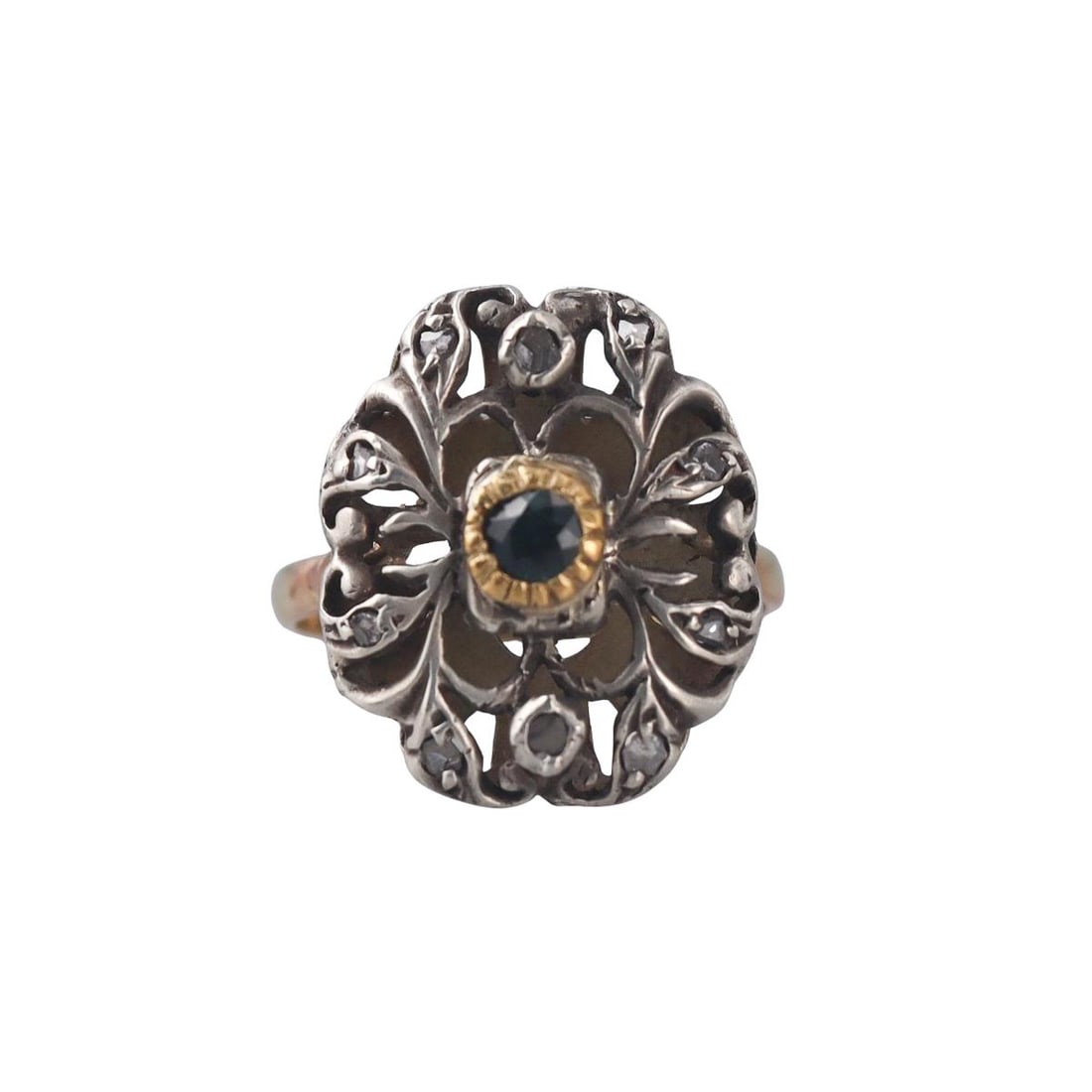 Antique 14k Gold Silver Rose Cut Diamond Sapphire Ring: Metal : 14k Gold / Silver Designer : Not Signed Gemstone : Rose cut diamonds , Sapphire. Measurements : Ring size 7.25, top is 20mm x 18mm. Marked: : Tested 14k shank, silver top. <