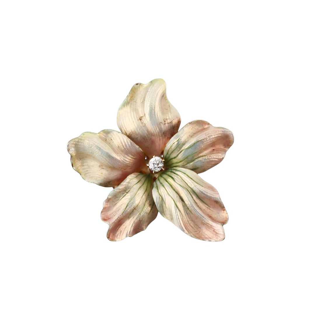 Art Nouveau Antique 14k Gold Enamel Diamond Flower Brooch Pin: Metal : 14k Yellow Gold Designer : Not Signed Gemstone : Diamond approx. 0.04ct. Measurements : Brooch is 30mm x 20mm. Marked: : Tested 14k. Weight: : 5 grams <