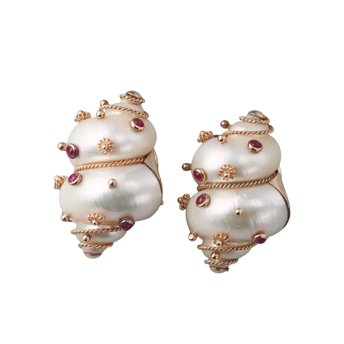 Maz 14k Gold Ruby Pearl Earrings: Metal : 14k Yellow Gold Designer : MAZ Gemstone : Shell, Ruby. Measurements : Earrings are 38mm x 24mm. Marked: : MAZ 14k. Weight: : 26.9 grams Condition: