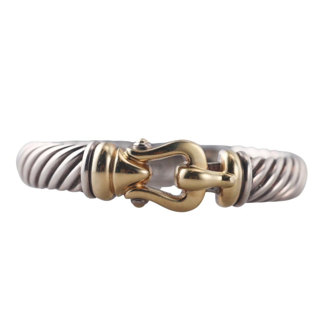 David Yurman Cable Buckle 18K Gold Sterling Silver Bangle Bracelet: Metal : 18K Yellow Gold, Sterling Silver Designer : David Yurman Gemstone : None Measurements : Bracelet will fit up to 7.5" wrist and 16mm at widest point Marked: : D.Y., 925, 750