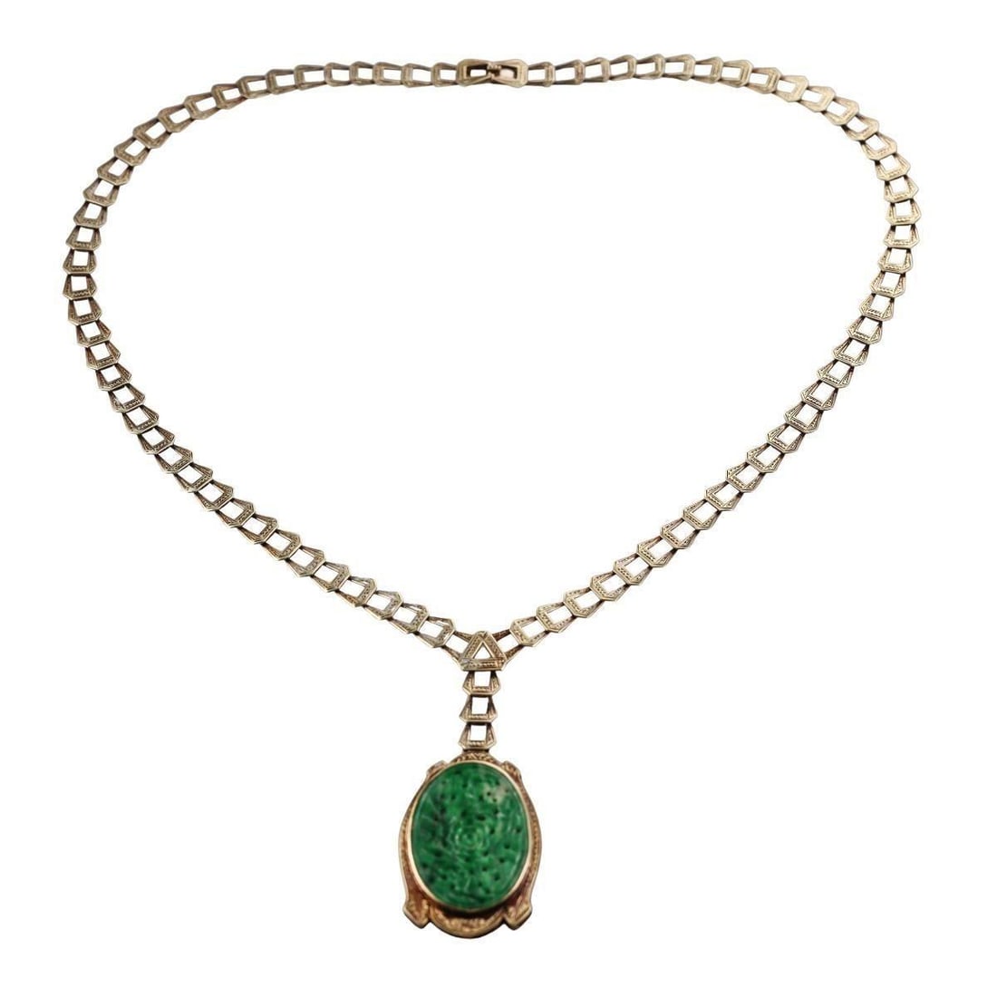 Art Deco Carved Jade 14k Gold Pendant Necklace (1 of 5)