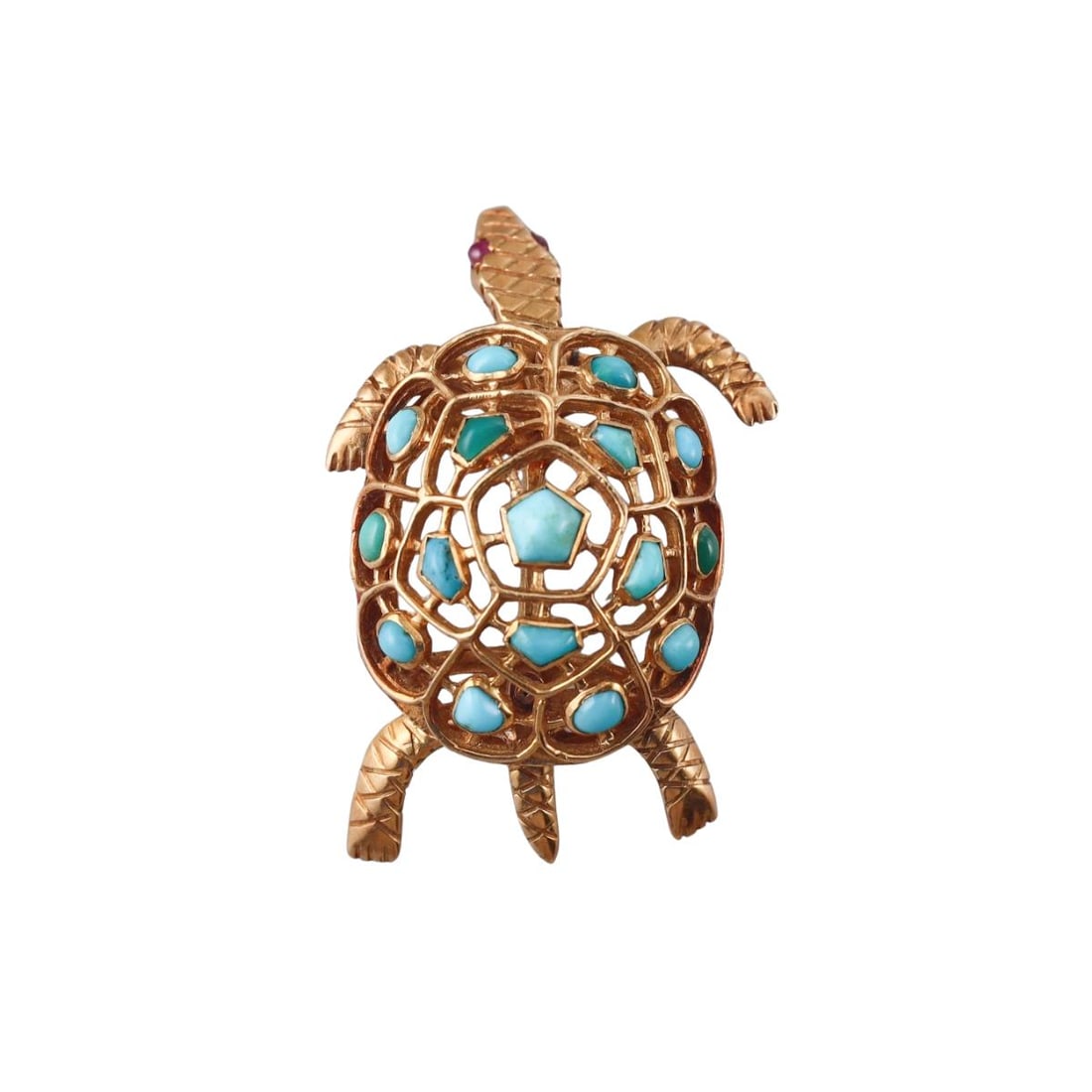 1960s 18k Gold Turquoise Ruby Turtle Brooch Pin: Metal : 18k Yellow Gold Designer : Not Signed Gemstone : Turquoise, Ruby Measurements : Brooch is 35mm x 34mm. Legs are movable. Marked: : Tested 18k. Weight: : 8.7 gra