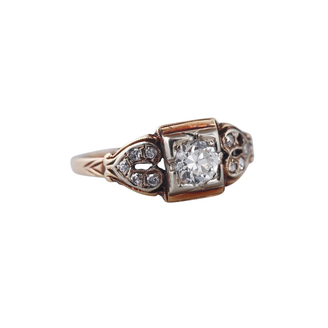 Antique 14k Gold Diamond Engagement Ring: Metal : 14k Yellow Gold Designer : Not Signed Gemstone : Diamond approx. 0.35ct I/VS2-Si1, Old European cut. One small side stone missing. Measurements : Ring size 6.5, width 8.5mm. Mark