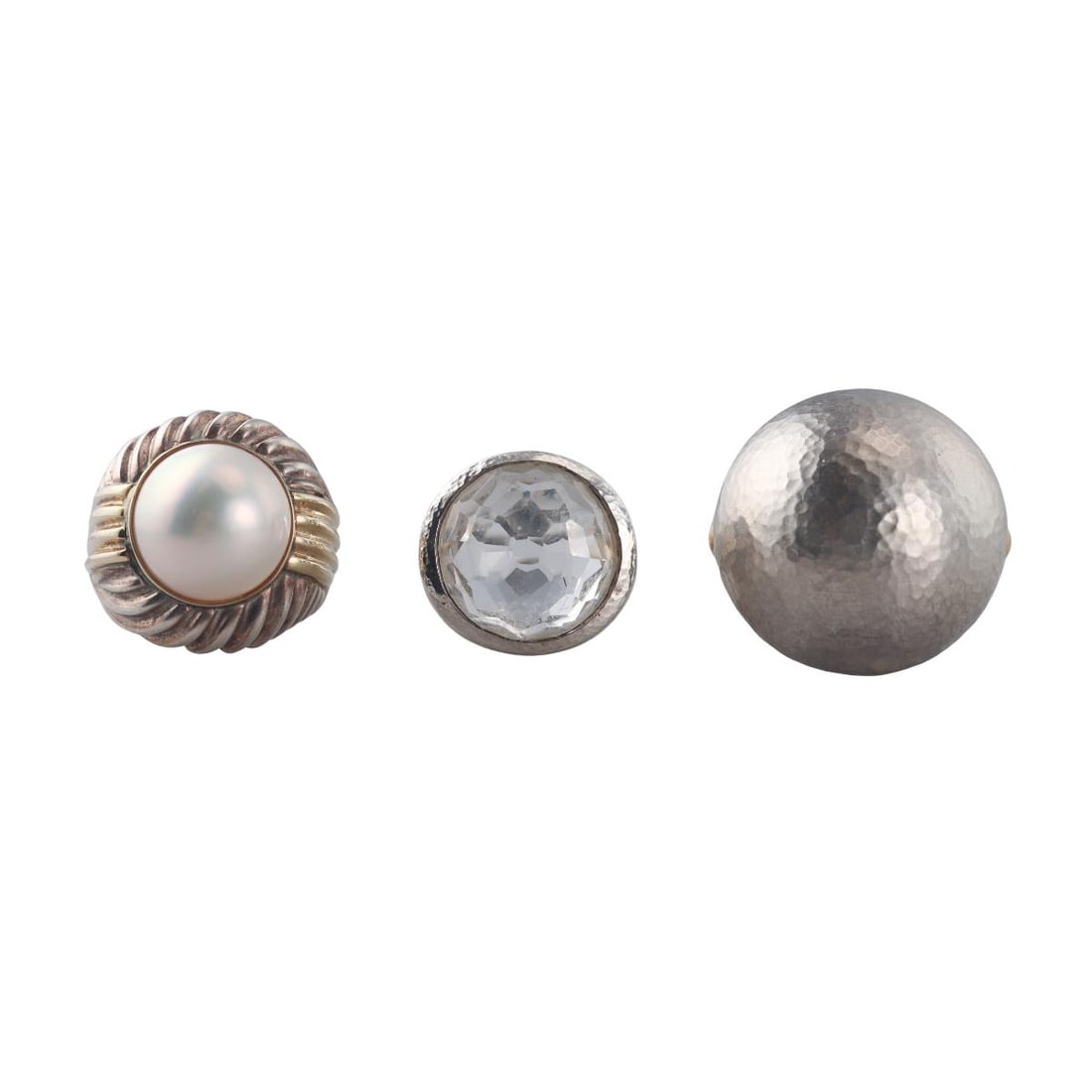 Ippolita Gurhan Silver Gold Crystal Pearl Ring Lot of 3: Metal : Sterling Silver / 14k 24k Gold Accents Designer : Gurhan / Ippolita / Unbranded Gemstone : Crystal, mabe pearl Measurements : Ippolita - size 7, Gurhan - 6, Unbranded - 8. Marked