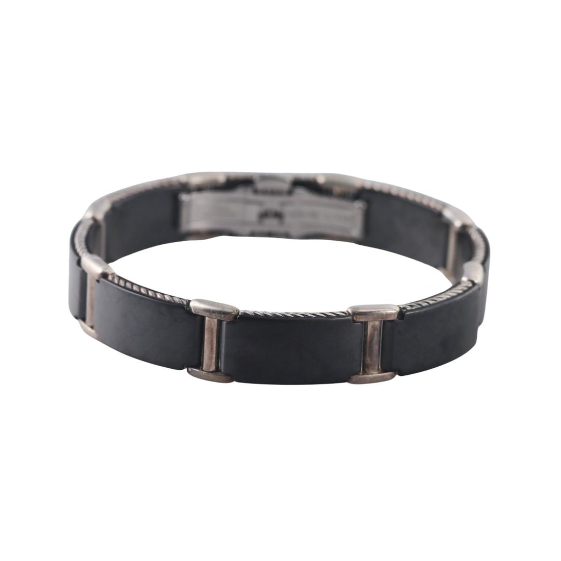 David Yurman Steel Silver Titanium Mens Bracelet: Metal : Sterling Silver, Titanium, Stainless Steel Designer : David Yurman Gemstone : None Measurements : Bracelet will fit up to 9.5" wrist and 13mm wide Marked: : DY, 925, Ti