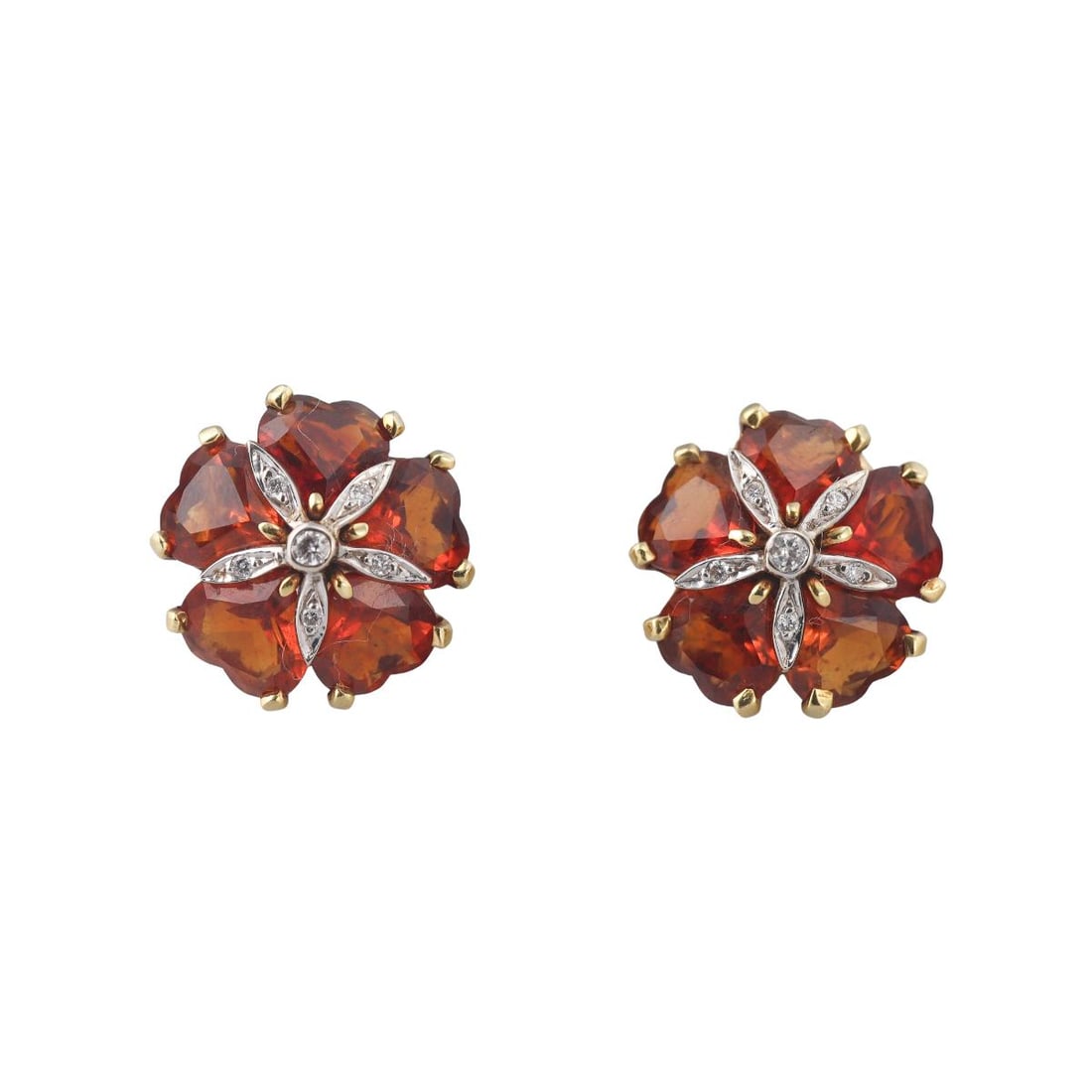 18k Gold Madeira Citrine Diamond Flower Earrings: Metal : 18k Yellow Gold / 14k Gold Backs Designer : Not Signed Gemstone : Madeira Citrine, Diamonds approx. 0.14ctw. Measurements : Earrings are 21mm in diameter. Marked: : 14k on ba