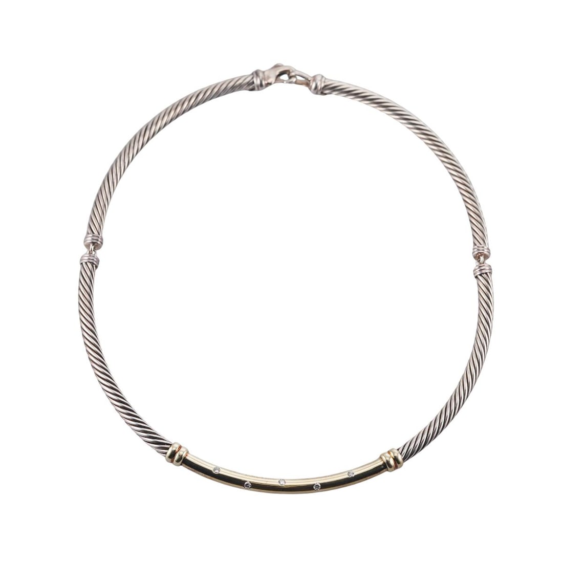 David Yurman Metro Cable 14K Gold Sterling Silver Diamond Choker Necklace: Metal : 14K Yellow gold, Sterling Silver Designer : David Yurman Gemstone : Diamonds-approx. 015ctw Measurements : Necklace is 15.5" long and 5mm wide Marked: : D.Yurman, 585, 925