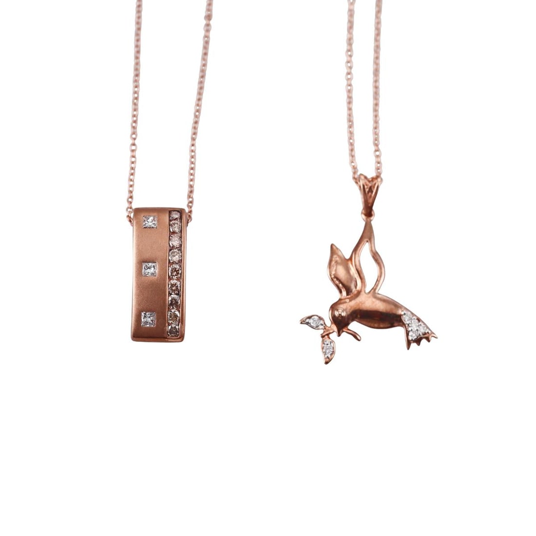Kallati Rose Gold Diamond Hummingbird Pendant Necklace Set of 2: Metal : 9k Rose Gold Designer : Kallati Gemstone : Diamonds 0.55ctw. Measurements : Necklaces are 18" long. Marked: : Kallati 9k. Weight: : 6.3 grams Condit