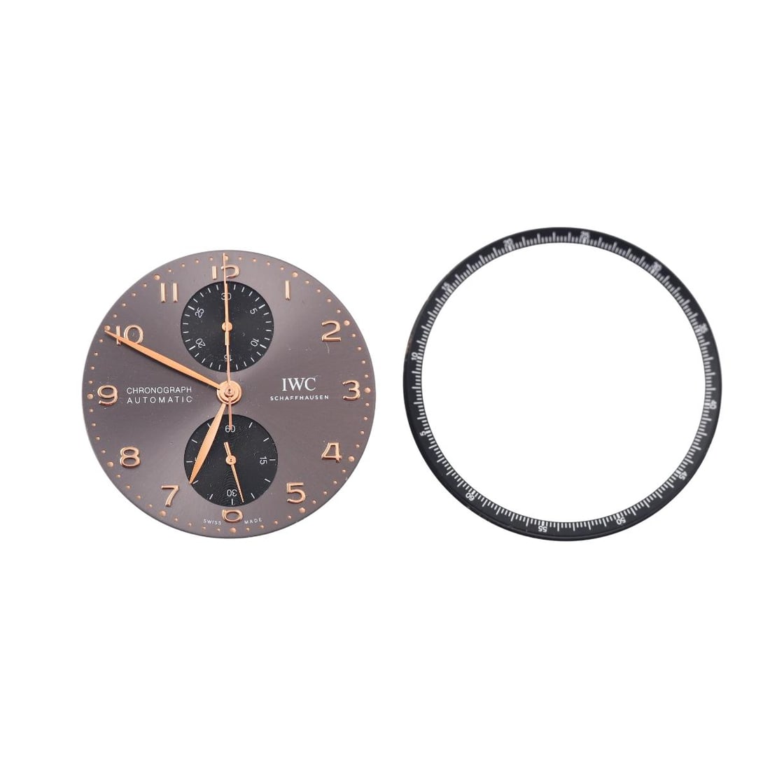 IWC Portugieser Automatic Chronograph Watch Dial Bezel Insert & Movement 4754234 Cal. 69355: Designer : IWC Movement : Automatic - working order. cal. 69355 Measurements : Dial 34mm, bezel insert 38mm. Reference/Model: : C. 69355, 4754234. Functions : Hours, Minutes, Seconds, C