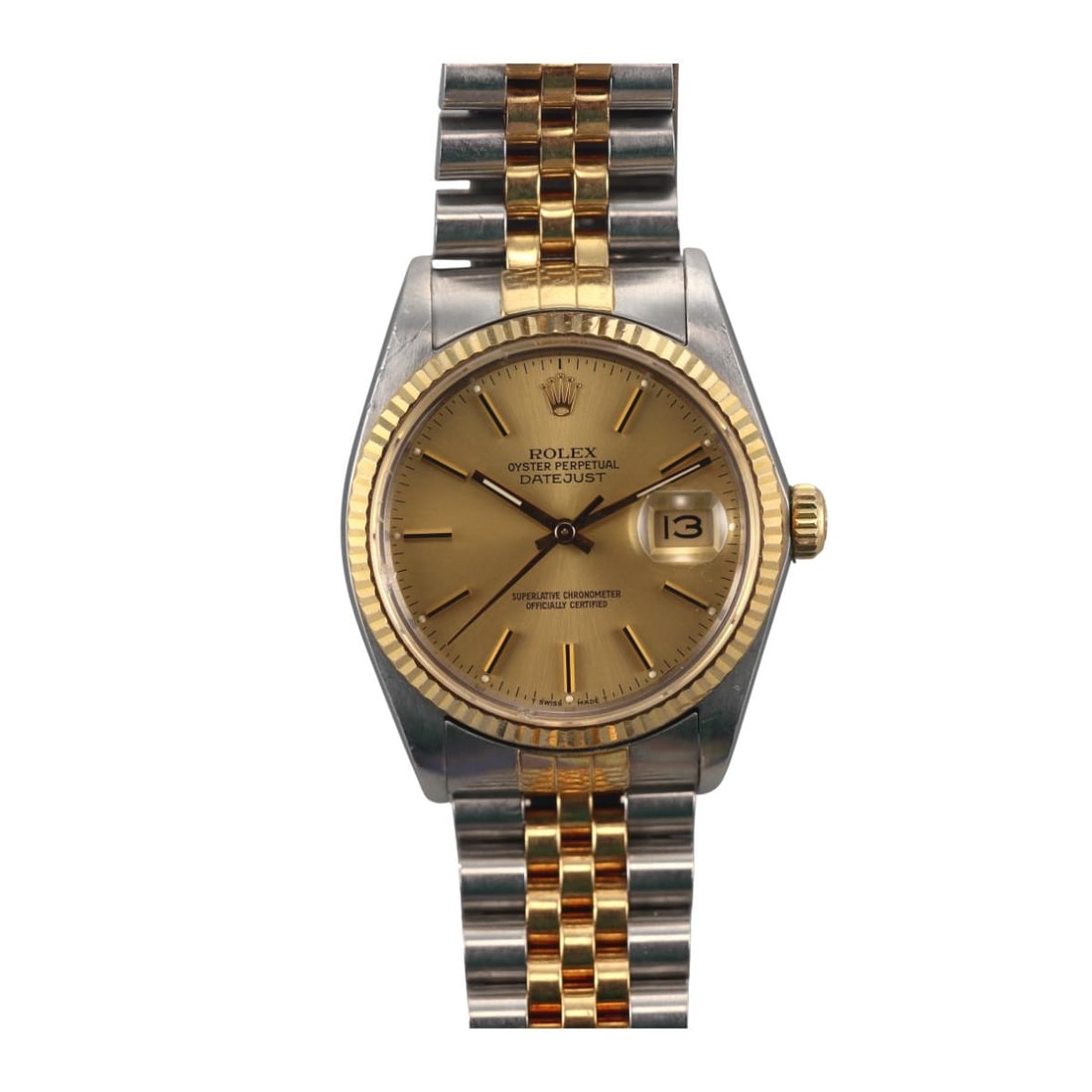 Rolex Datejust Gold Steel Two Tone 36mm Mens Watch ref. 16013: Metal : 18k Yellow Gold / Stainless Steel Designer : Rolex Movement : Automatic - working order. Measurements : Case 36mm, two tone jubilee bracelet will fit approx. 7.5" wrist, moderate stretching.
