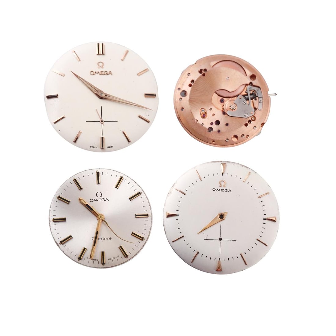 Omega Watch Dial & Movement Lot of 3: Designer : Omega Movement : Missing crowns - not working. Measurements : Dials are 34mm, 30mm, 34mm. Reference/Model: : n/a Functions : Hours, Minutes, Seconds. Condition