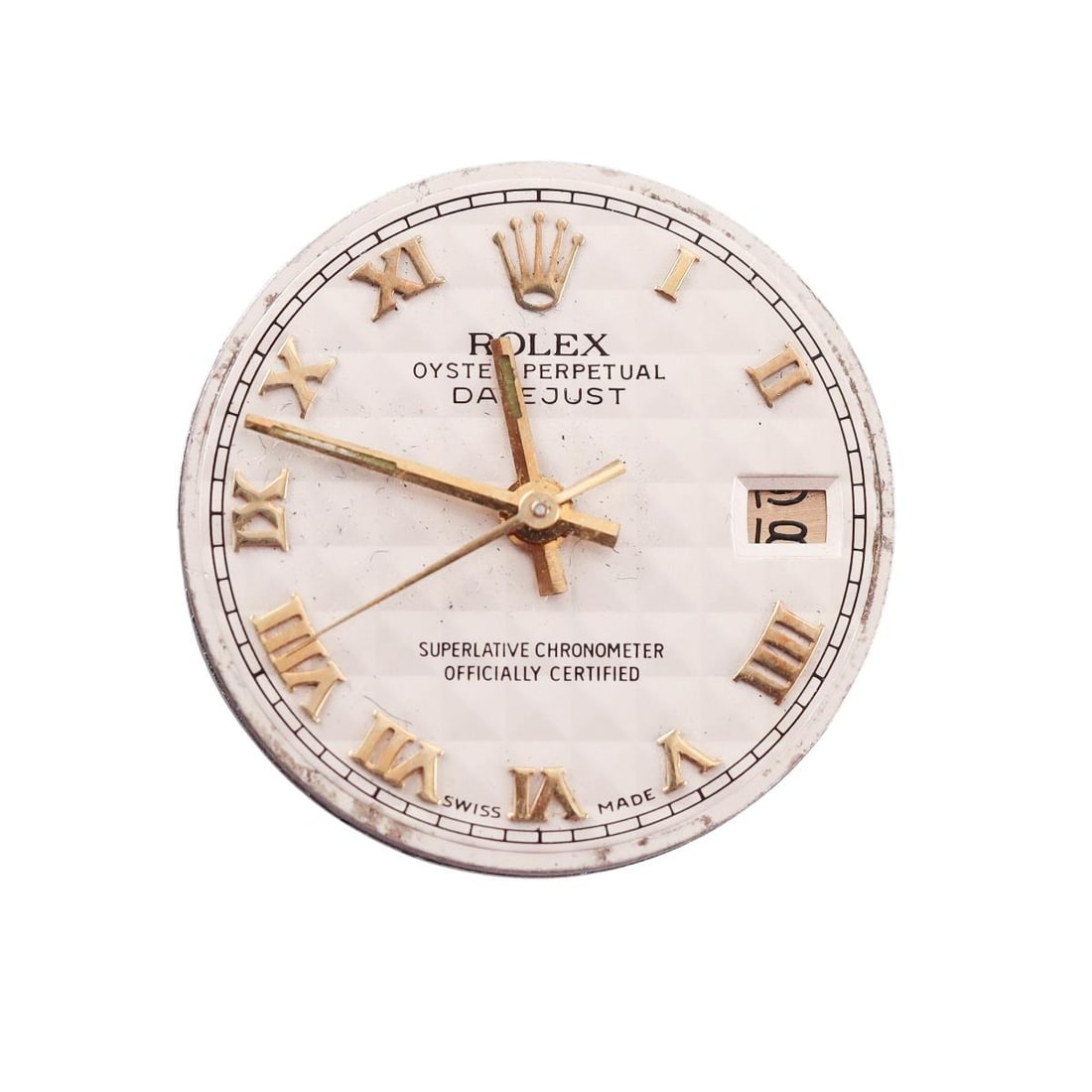 Rolex Datejust Cream Pyramid Dial & Watch Movement 2030: Designer : Rolex Movement : Automatic - not running, clean movement, will need service. Measurements : Dial is 20mm. Reference/Model: : Datejust No. 2030. Functions : Hours, Minutes,