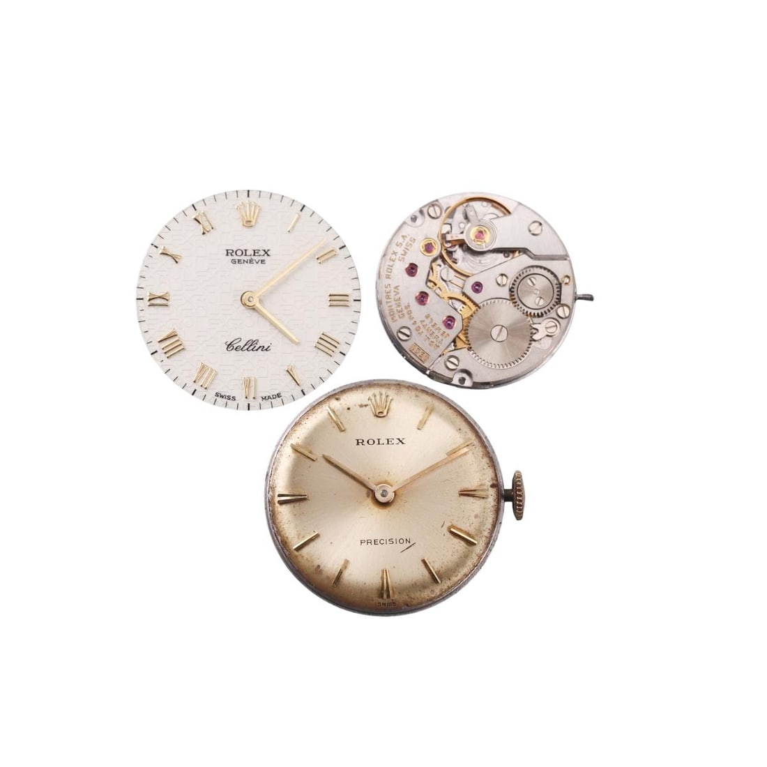 Rolex Cellini Jubilee Dial Precision Watch Movement Lot of 2: Designer : Rolex Movement : Manual wind - Precision working, Cellini missing crown. Measurements : Dials are 25mm (Precision) and 24mm (Cellini) . Reference/Model: : Cellini, Precision. Fun
