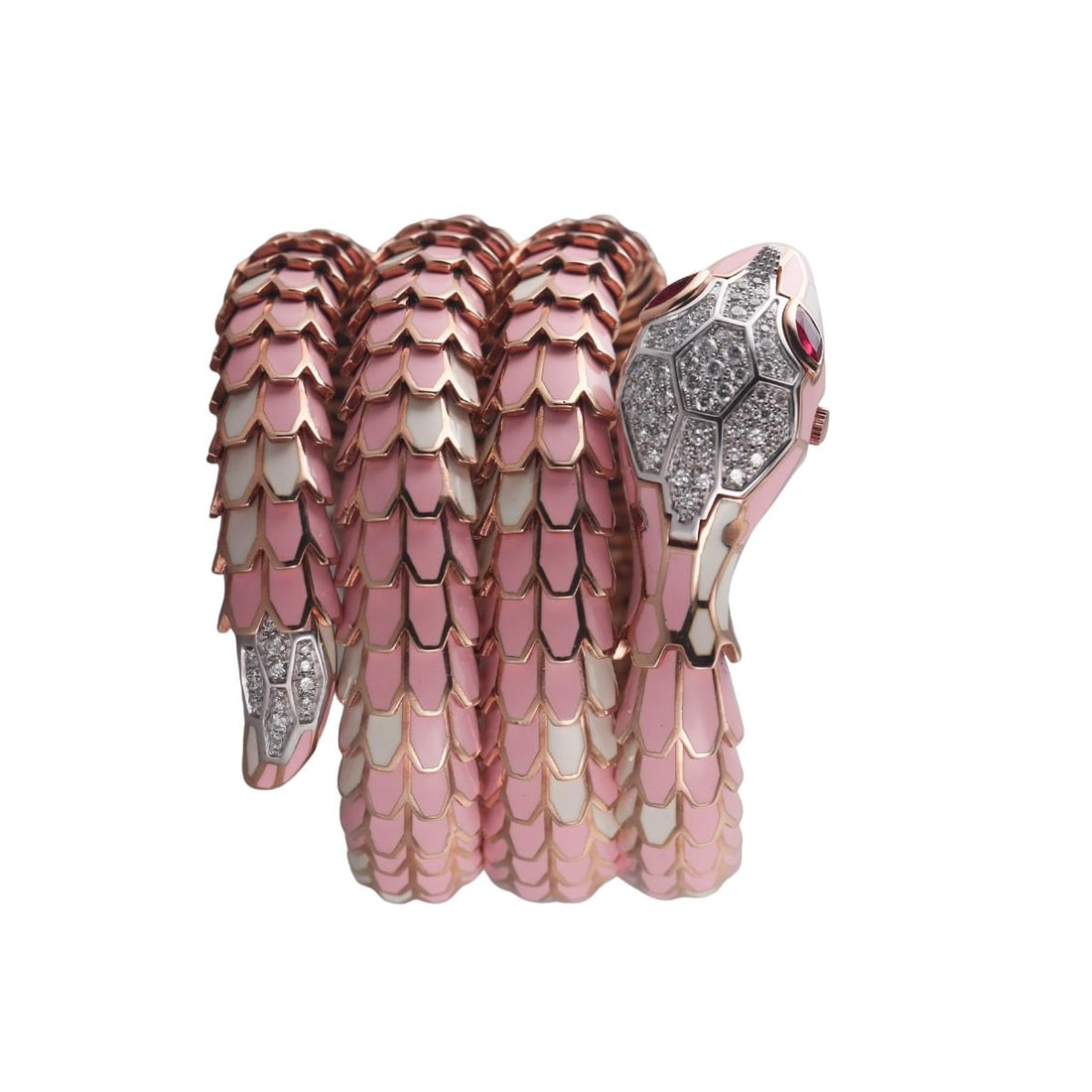 Alexis NY 18k Gold Silver Enamel Diamond Snake Coil Wrap Bracelet Watch: Metal : 18k Rose Gold / Sterling Silver Designer : Alexis NY Movement : Quartz - not working. Measurements : Bracelet will fit approx. 6-6.5" wrist, slightly flexible. Dial is 14mm. Width 58mm. Diamon