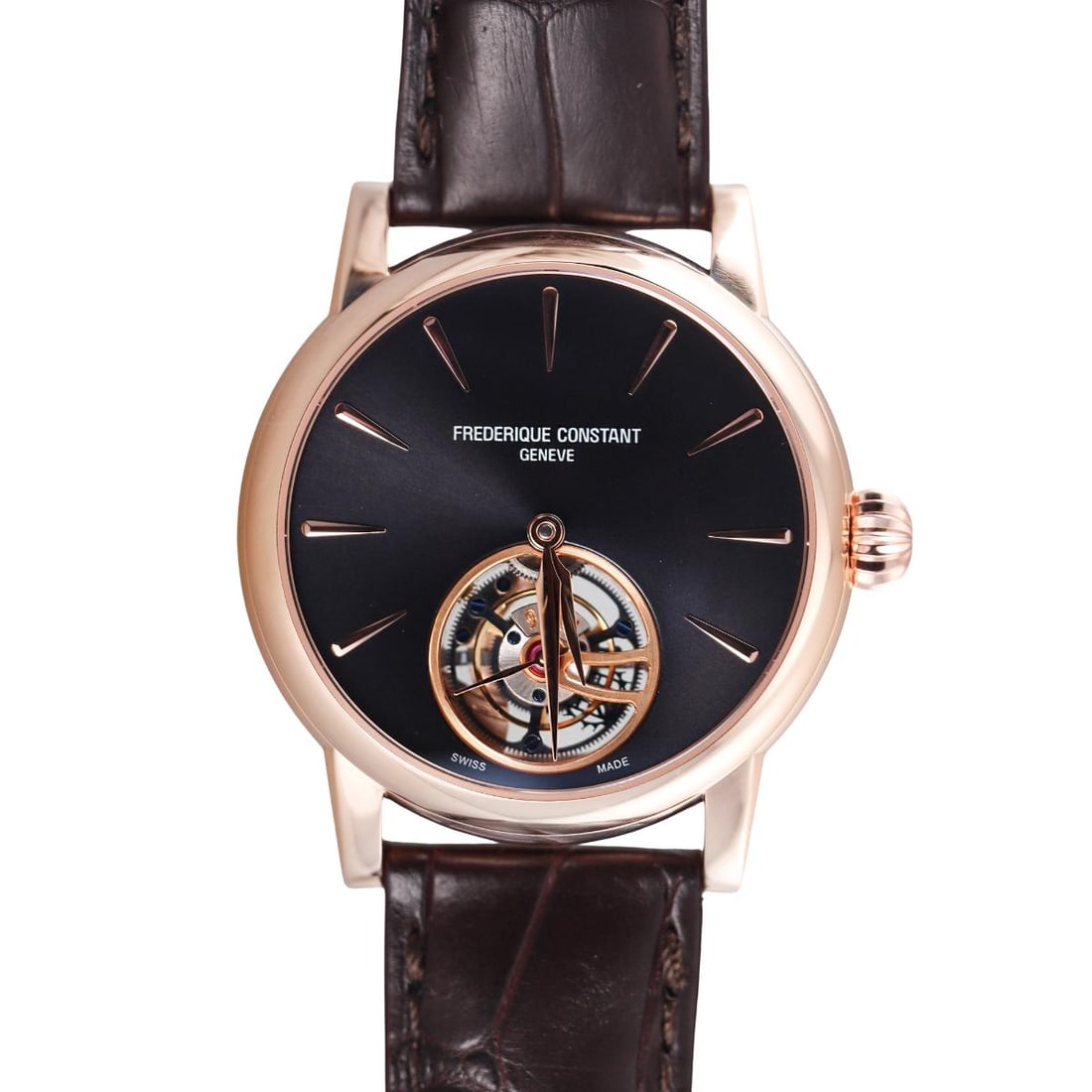Frederique Constant Manufacture Classic Tourbillon Rose Gold Watch FC-980ZG3H9: Metal : 18k Rose Gold Designer : Frederique Constant Movement : Automatic - working order. Measurements : 39mm case diameter. Full size brown alligator bracelet with Steel and Gold buckle. <