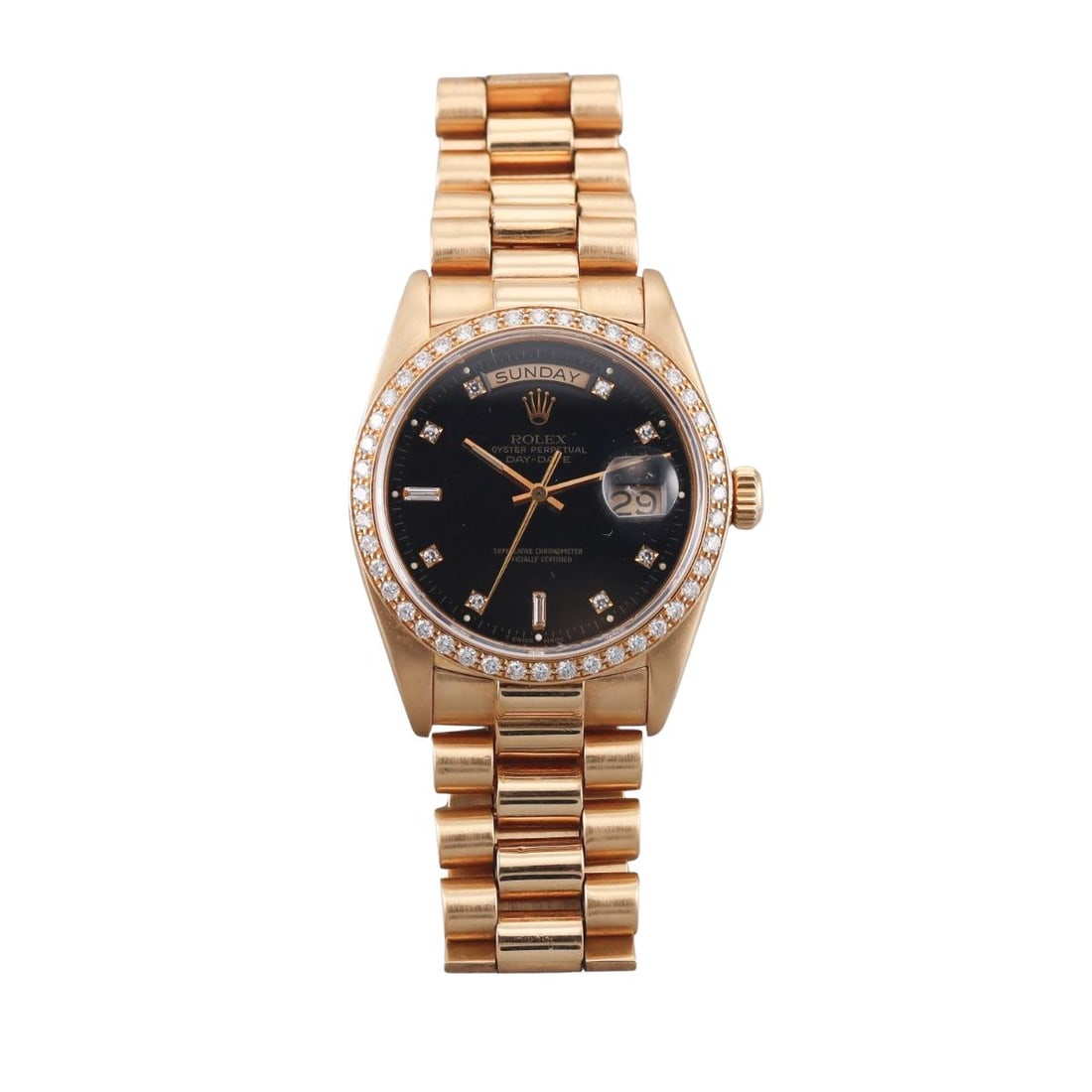 Rolex President 18k Gold Diamond Black Dial Men's Watch ref. 18038: Metal : 18k Yellow Gold Designer : Rolex Movement : Automatic - working order. Measurements : Case 36mm, president 18k gold bracelet will fit approx. 7" wrist ( total 21 links). Reference/M