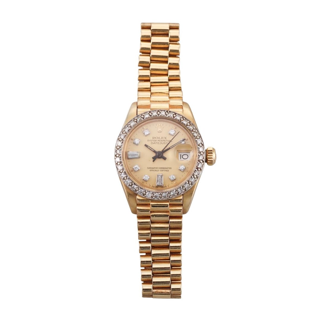 Rolex President Datejust 18k Gold Diamond Ladies Watch ref. 6917: Metal : 18k Yellow Gold Designer : Rolex Movement : Automatic - working order. Measurements : Case 26mm, president bracelet will fit approx. 6.5" wrist ( total 33 links). Reference/Model: