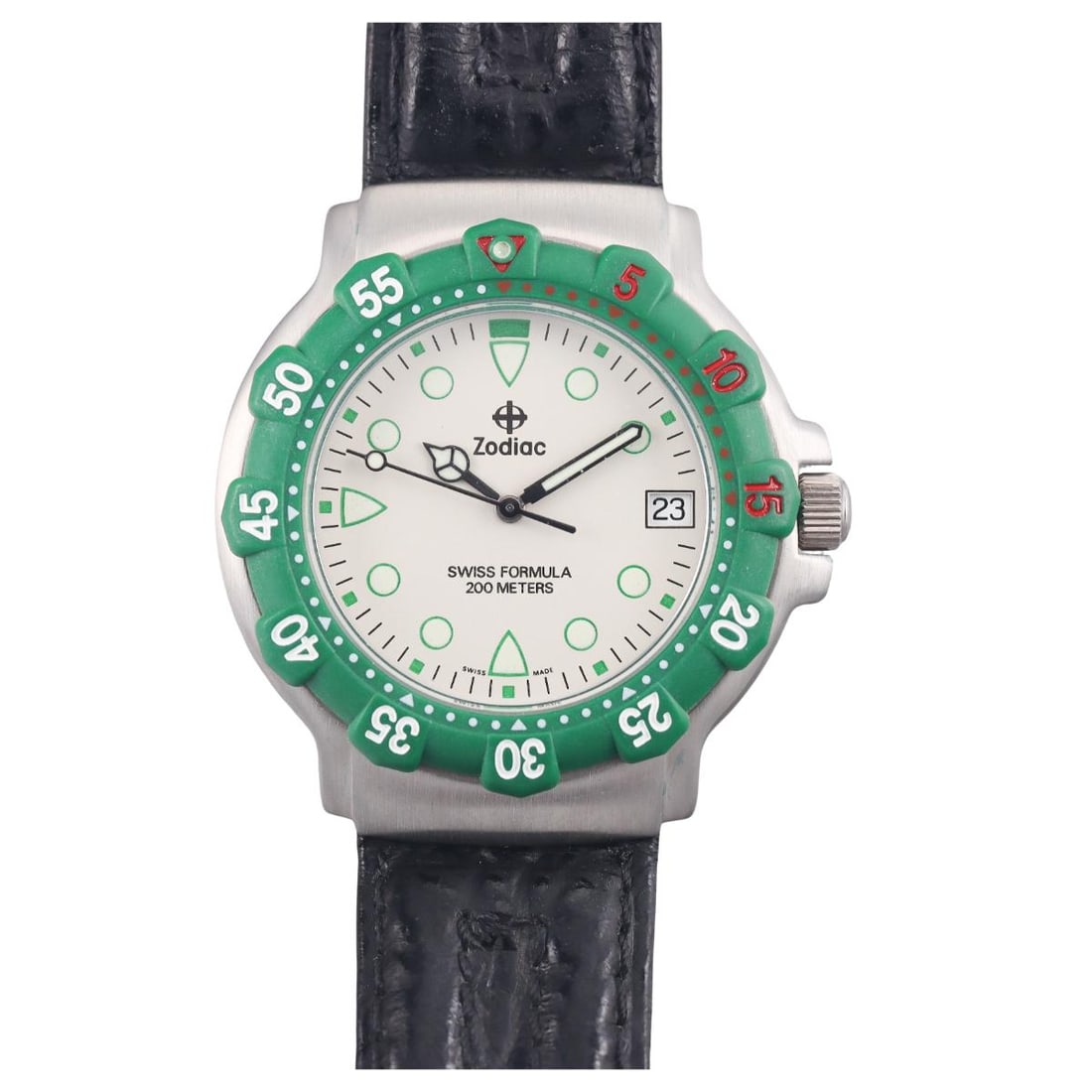Zodiac Swiss Formula Green Stainless Steel Watch 706.82.63: Metal : Stainless Steel Designer : Zodiac Movement : Quartz - not working. Measurements : Case 38mm, on original Zodiac leather band with buckle. Reference/Model: : Swiss Formula / 70
