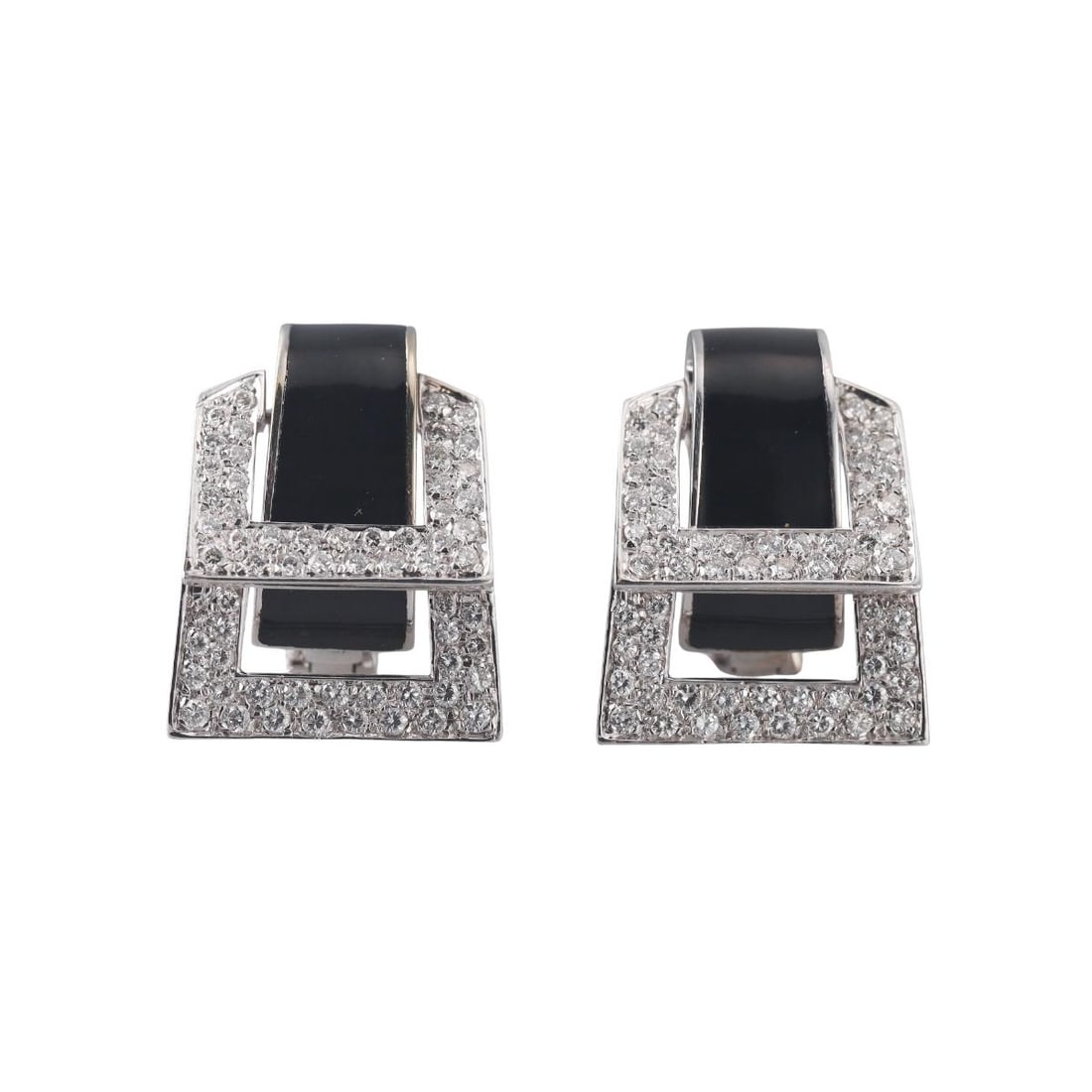 18k Gold Diamond Enamel Buckle Earrings: Metal : 18k White Gold Designer : Not Signed Gemstone : Diamonds approx. 2.50ctw. Measurements : Earrings are 28mm x 23mm. Marked: : 750, Italian marks. Weight: : 23.