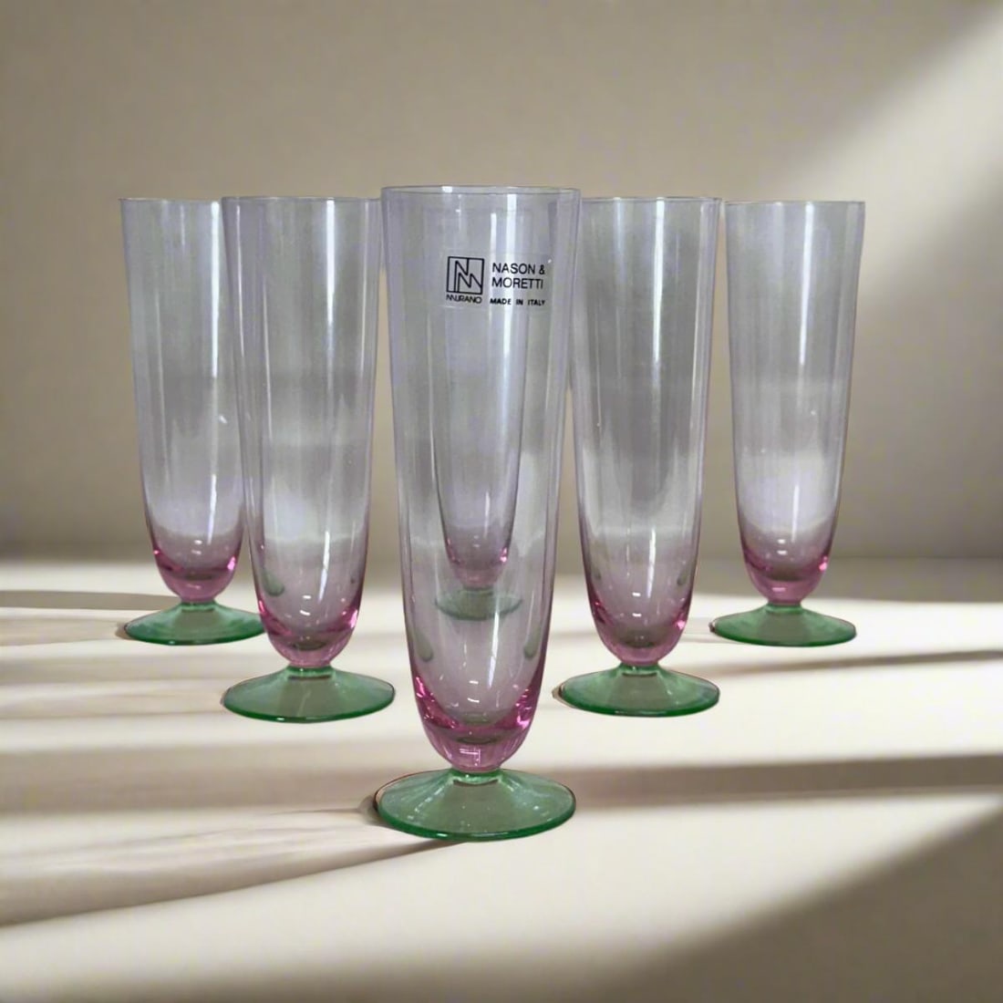 Set of 6 Nason & Moretti Murano Green Lavender Champagne Flutes Glass: Material : Murano Glass Designer : Carlo Moretti Measurements : 6.9" (H) x 2.15" (top Diam.) / 17.5cm (H) x 5.5cm (top Diam.) Marked: : Carlo Moretti Condition: : New, store sample