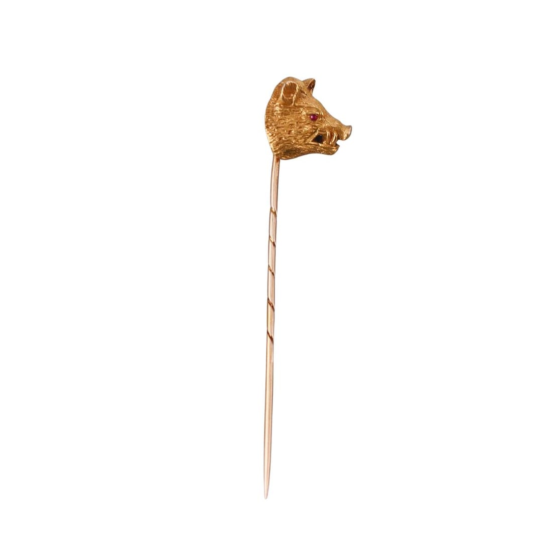 Antique 14k Gold Ruby Boar's Head Stick Pin: Metal : 14k Yellow Gold Designer : Not Signed Gemstone : Ruby eye. Measurements : Pin is 64mm long. Head is 14mm x 13mm. Marked: : Tested 14k. Weight: : 3.4 grams Condition: : Excellent. Additional: