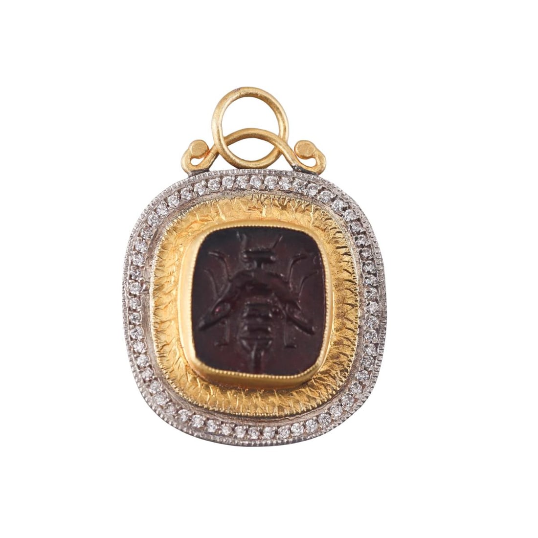 Ancient Inspired 24k Gold Silver Diamond Cameo Insect Pendant: Metal : 24k Gold / Sterling Silver Designer : Not Signed Gemstone : Diamonds 0.28ctw, Red stone Cameo Measurements : Pendant is 25mm x 21mm. Marked: : 925 24k. Weight: : 7.5 grams Condition: :