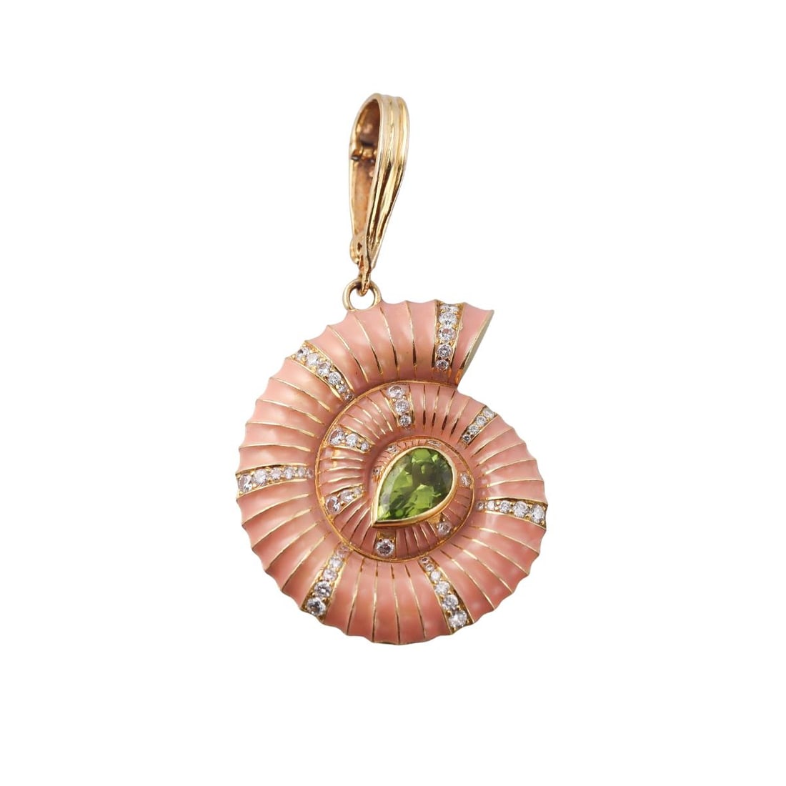 18k Gold Diamond Peridot Enamel Shell Fossil Motif Pendant: Metal : 18k Yellow Gold Designer : Unknown Gemstone : Diamonds approx. 0.50ctw, Peridot. Measurements : Pendant is 55mm with bale x 30mm. Marked: : JB, 18k. Weight: : 18.4 grams Condition: :