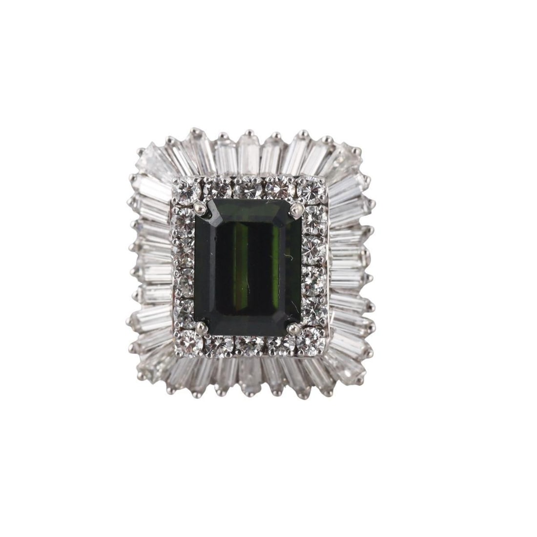 14k Gold 4ct Green Tourmaline 2.00ctw Diamond Ring: Metal : 14k White Gold Designer : Not Signed Gemstone : Tourmaline approx. 4ct ( 10.6 x 8.2 x 5.7mm - minor abrasions on the stone), Diamonds approx. 2.00ctw. SI-H. Measurements : Ring size 6.25, top