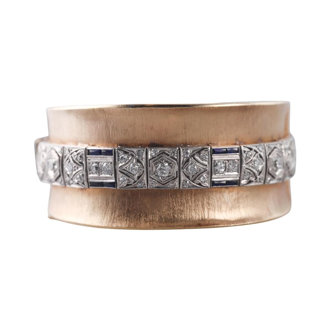 Mid Century Deco 14k Gold Platinum Diamond Sapphire Bangle Bracelet: Metal : 14k Gold / Platinum Designer : Not Signed Gemstone : Diamonds approx. 3.00ctw, Sapphires. Measurements : Bracelet will fit approx. 6-6.5" wrist and is 31mm at widest point. Marked: : Tested