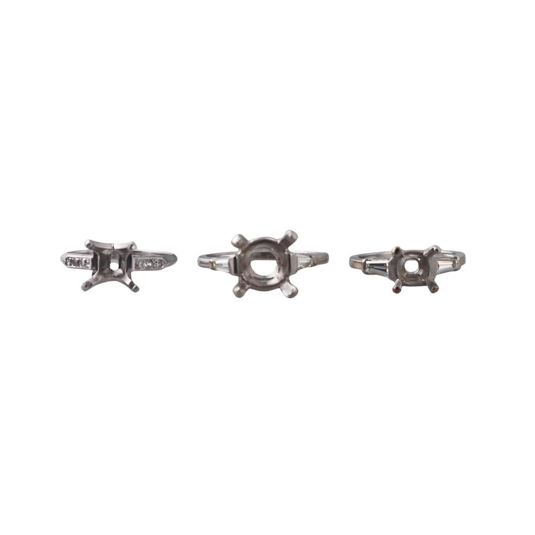 Platinum Diamond Engagement Ring Setting Lot of 3: Metal : Platinum Designer : Not Signed Gemstone : Diamonds approx. 0.26ctw. Measurements : Ring sizes - 5.75 (center fits approx. 8 x 8mm stone) ; 5.75 (6.8 x 6.8mm) and 9 ( 11 x 11mm). Marked: :