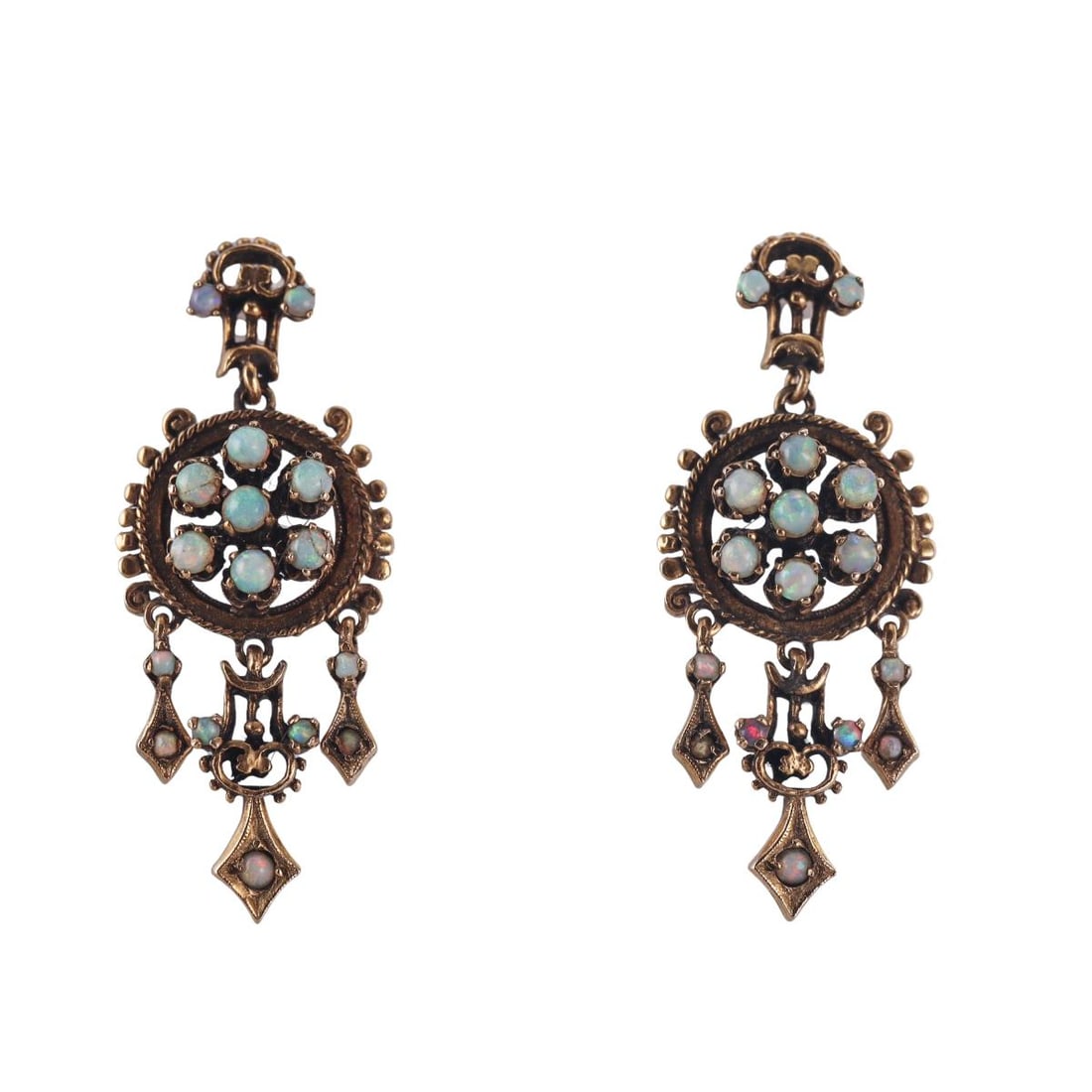 Vintage 14k Gold Opal Drop Earrings: Metal : 14k Yellow Gold Designer : Not Signed Gemstone : Opal Measurements : Earrings are 45mm x 18mm. Marked: : 14k. Weight: : 14.4 grams Condition: : V