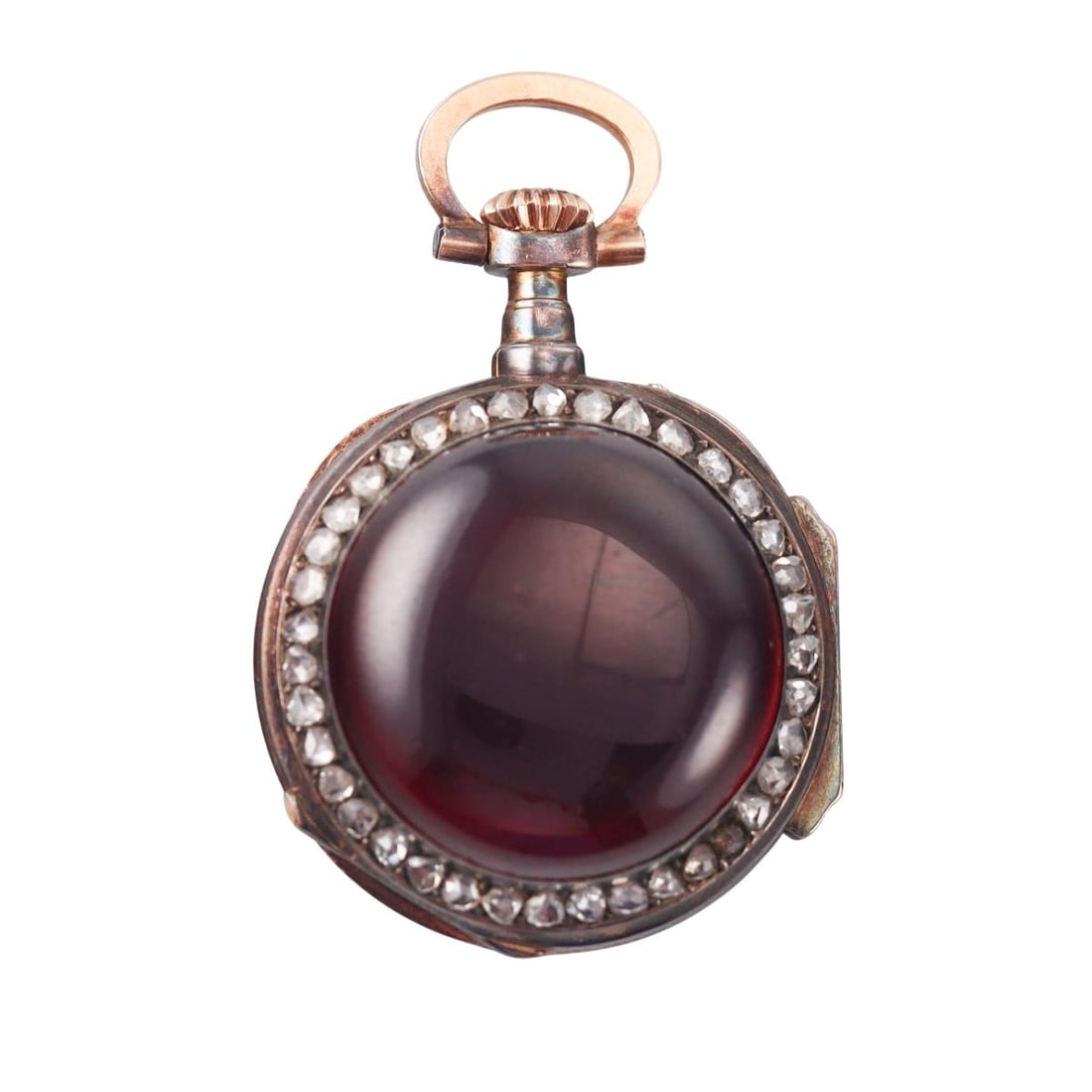 Antique French 18k Gold Silver Rose Cut Diamond Lapel Watch: Metal : 18k Gold / Silver Designer : Not Signed Gemstone : Rose cut diamonds, Red stone / glass Measurements : Case 24mm. With bale - 35mm long. Marked: : French eagle mark.