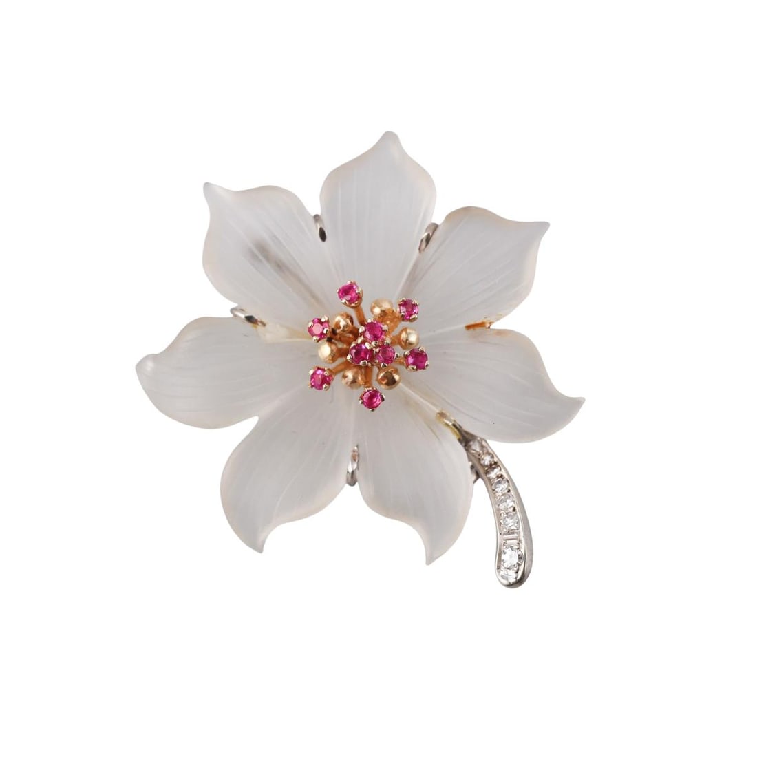 Mid Century Austrian 14k Gold Frosted Carved Crystal Ruby Diamond Flower Brooch: Metal : 14k Gold Designer : Not Signed Gemstone : Frosted carved crystal, Diamonds, Rubies. Measurements : Brooch is 45mm x 40mm. Marked: : Tested 14k. Weight: : 10.4