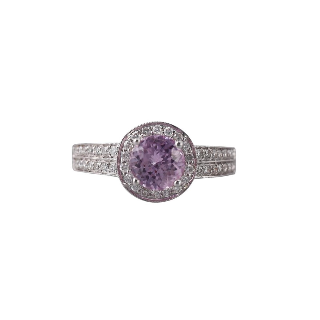 18k Gold Pink Sapphire Diamond Engagement Ring: Metal : 18k White Gold Designer : Not Signed Gemstone : Pink sapphire 7mm, Diamonds approx. 0.35ctw. Measurements : Ring size 7, top is 10mm. Marked: : 18k, IGI. Weight: <