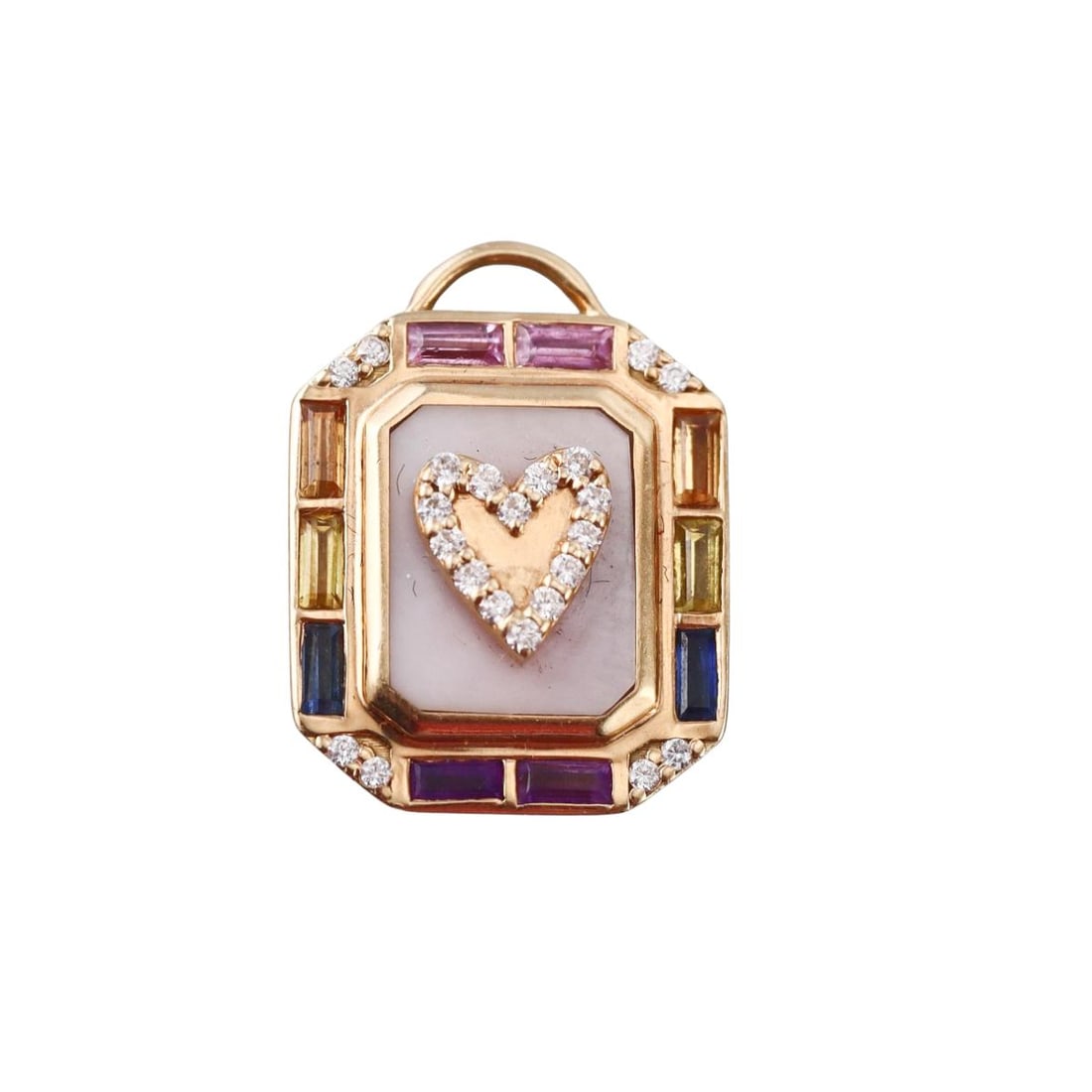Sorellina Gli Amanti Mini Tarot 18k Gold Diamond Sapphire Heart Pendant: Metal : 18k Yellow Gold Designer : Sorellina Gemstone : MOP, Diamonds 0.07ctw, Multi color sapphires 0.50ctw. Measurements : Pendant is 17mm x 13mm. Marked: : Gli Amanti, Sorellina 7