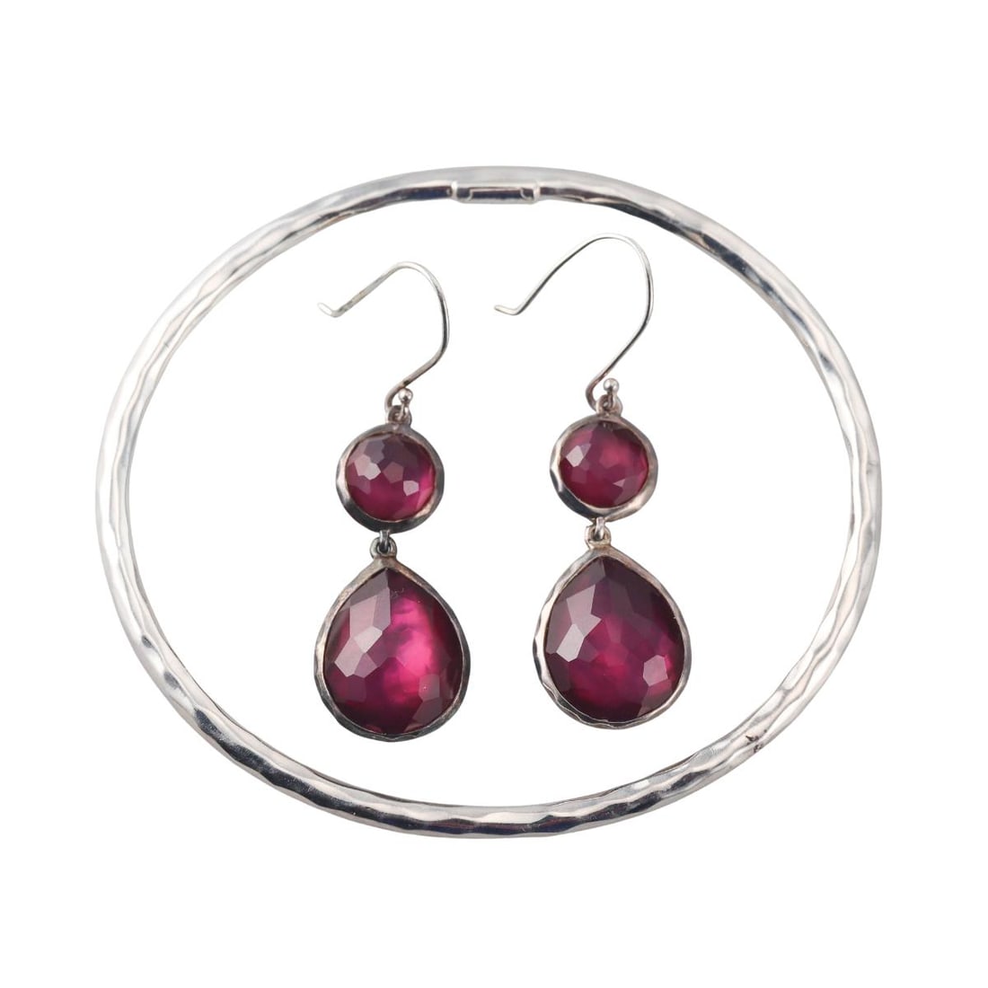 Ippolita Rock Candy Silver Amethyst Earrings Hammered Bangle Bracelet Lot: Metal : Sterling Silver Designer : Ippolita Gemstone : Amethyst backed with MOP Measurements : Earrings are 47mm x 14mm, Bracelet will fit approx. 7-7.25" wrist, width 3.4mm. Marked: