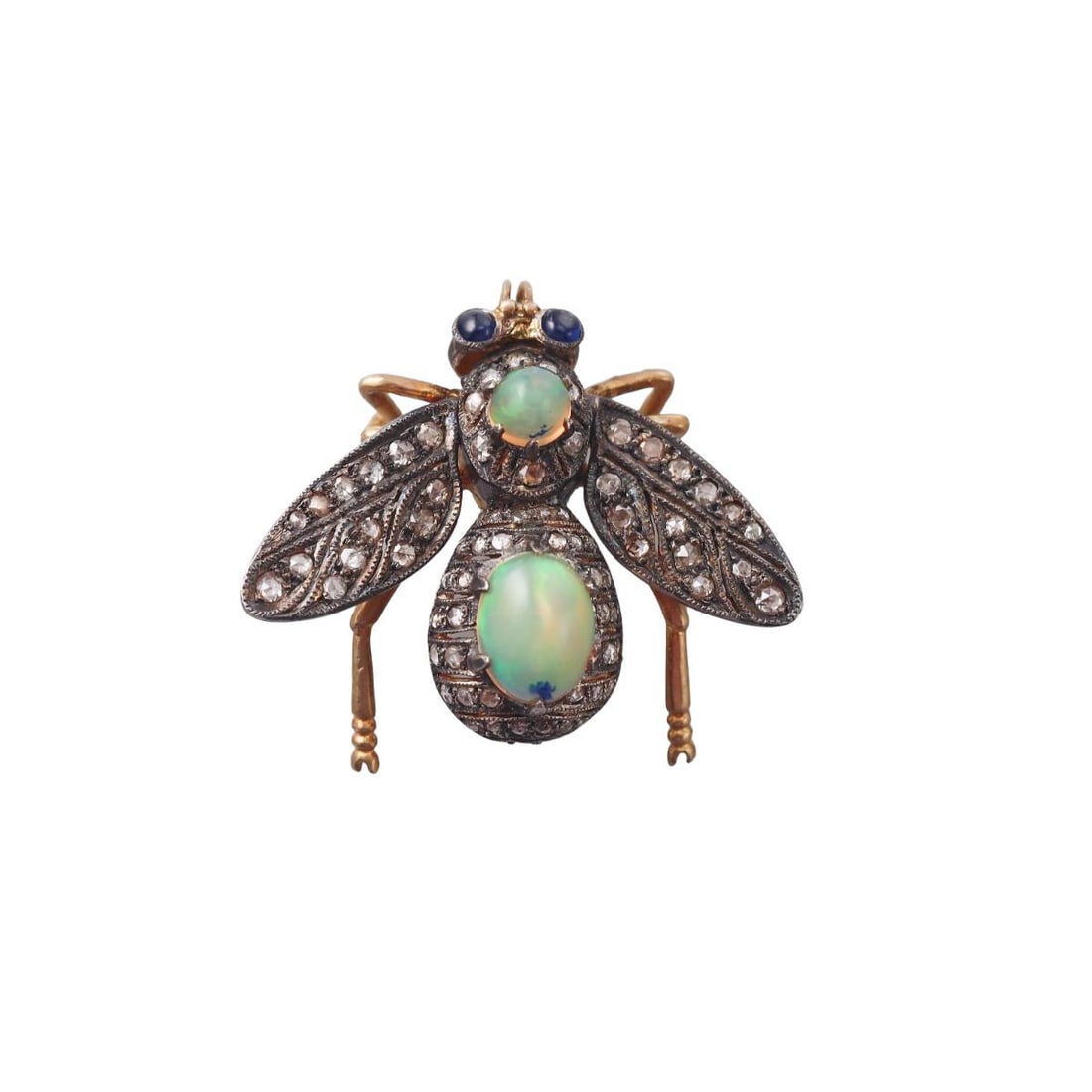 14k Gold Silver Opal Diamond Sapphire Insect Bee Brooch Pendant: Metal : 14k Gold / Silver Designer : Not Signed Gemstone : Opal, Sapphire, Diamonds Measurements : Brooch is 30mm x 30mm, movable wings and head. Marked: : Tested 14k/silver.