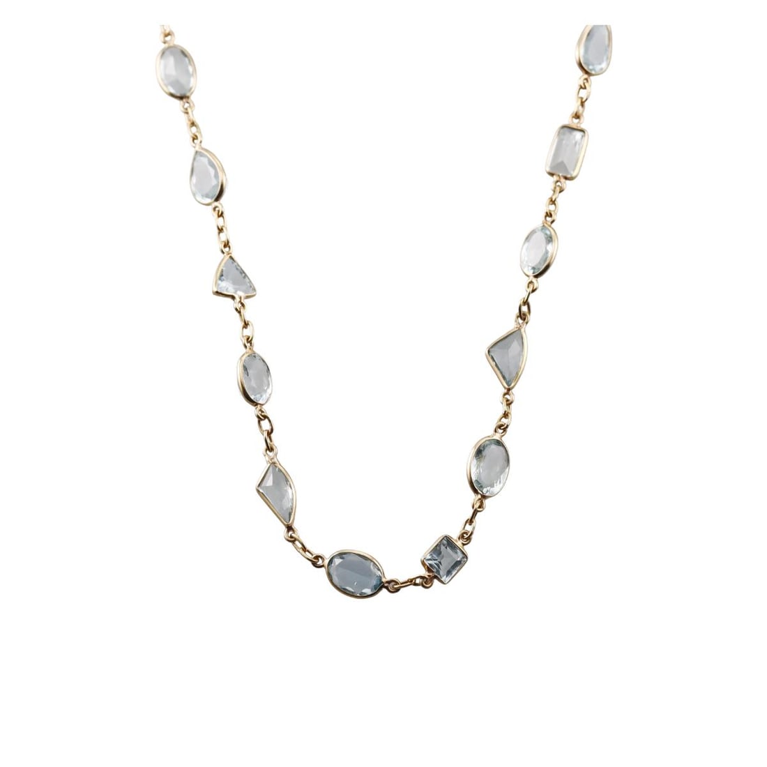 18k Gold Aquamarine Long Necklace: Metal : 18k Yellow Gold Designer : Not Signed Gemstone : Aquamarine Measurements : Necklace is 36" long. Marked: : 18k. Weight: : 22.5 grams Condition: :