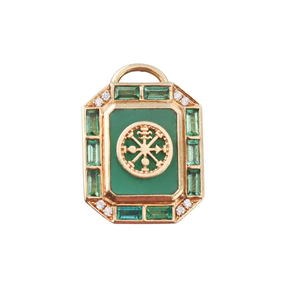 Sorellina La Ruota Mini Tarot 18k Gold Emerald Diamond Pendant: Metal : 18k Yellow Gold Designer : Sorellina Gemstone : Emeralds 0.51ctw, Diamonds 0.05ctw. Measurements : Pendant is 18mm x 14mm. Marked: : la Ruota. Weight: : 5.8 gr